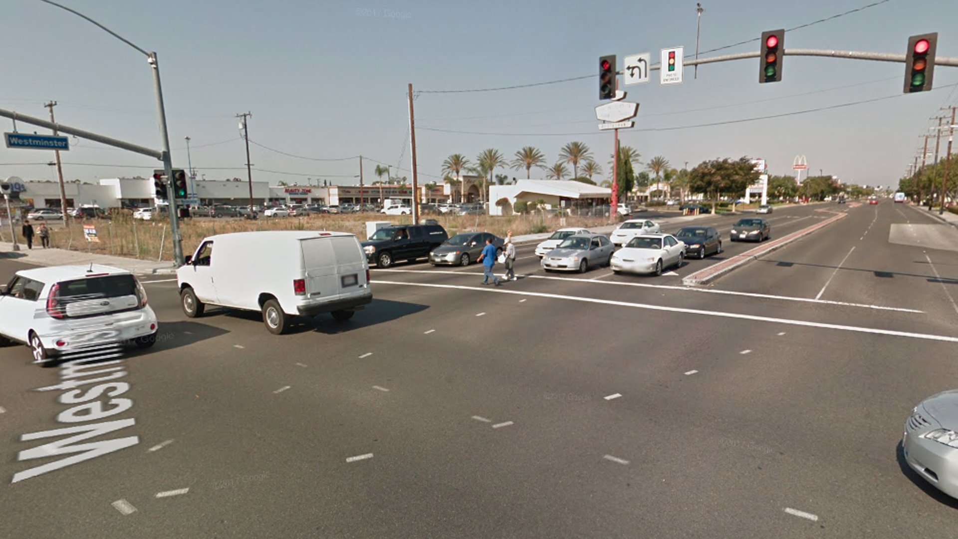 The intersection of Westminster Avenue and Brookhurst Street in Garden Grove is shown in a Street View image from Google Maps.