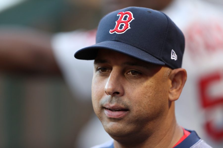 Manager Alex Cora of the Boston Red Sox looks on during a game against the Los Angeles Angels of Anaheim at Angel Stadium of Anaheim on Aug. 31, 2019. (Credit: Sean M. Haffey/Getty Images)