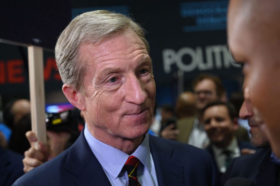 Democratic presidential hopeful and billionaire Tom Steyer speaks to press after the sixth primary debate at Loyola Marymount University on Dec. 19, 2019. (Credit: Robyn Beck / AFP / Getty Images)