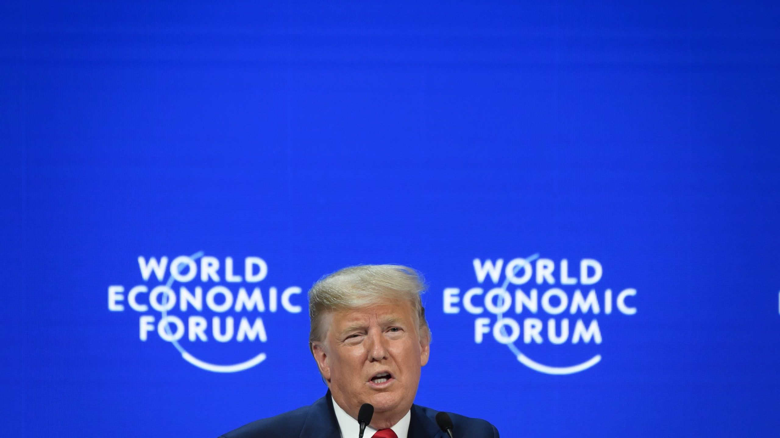 Donald Trump delivers a speech during the World Economic Forum in Davos on Jan. 21, 2020. (Credit: FABRICE COFFRINI/AFP via Getty Images)