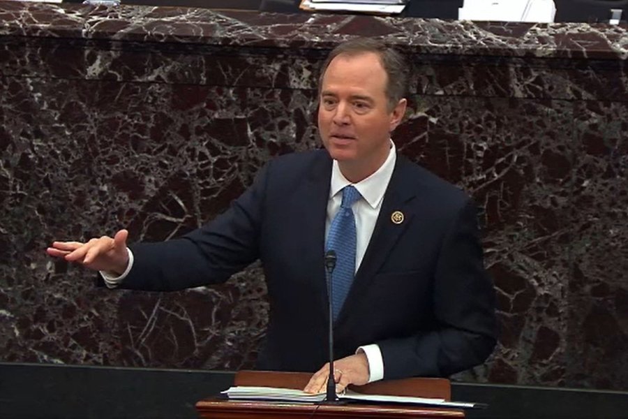 In this screenshot from a Senate Television webcast, House impeachment manager Rep. Adam Schiff speaks during the trial against President Donald Trump on Jan. 23, 2020. (Credit: Senate Television via Getty Images)