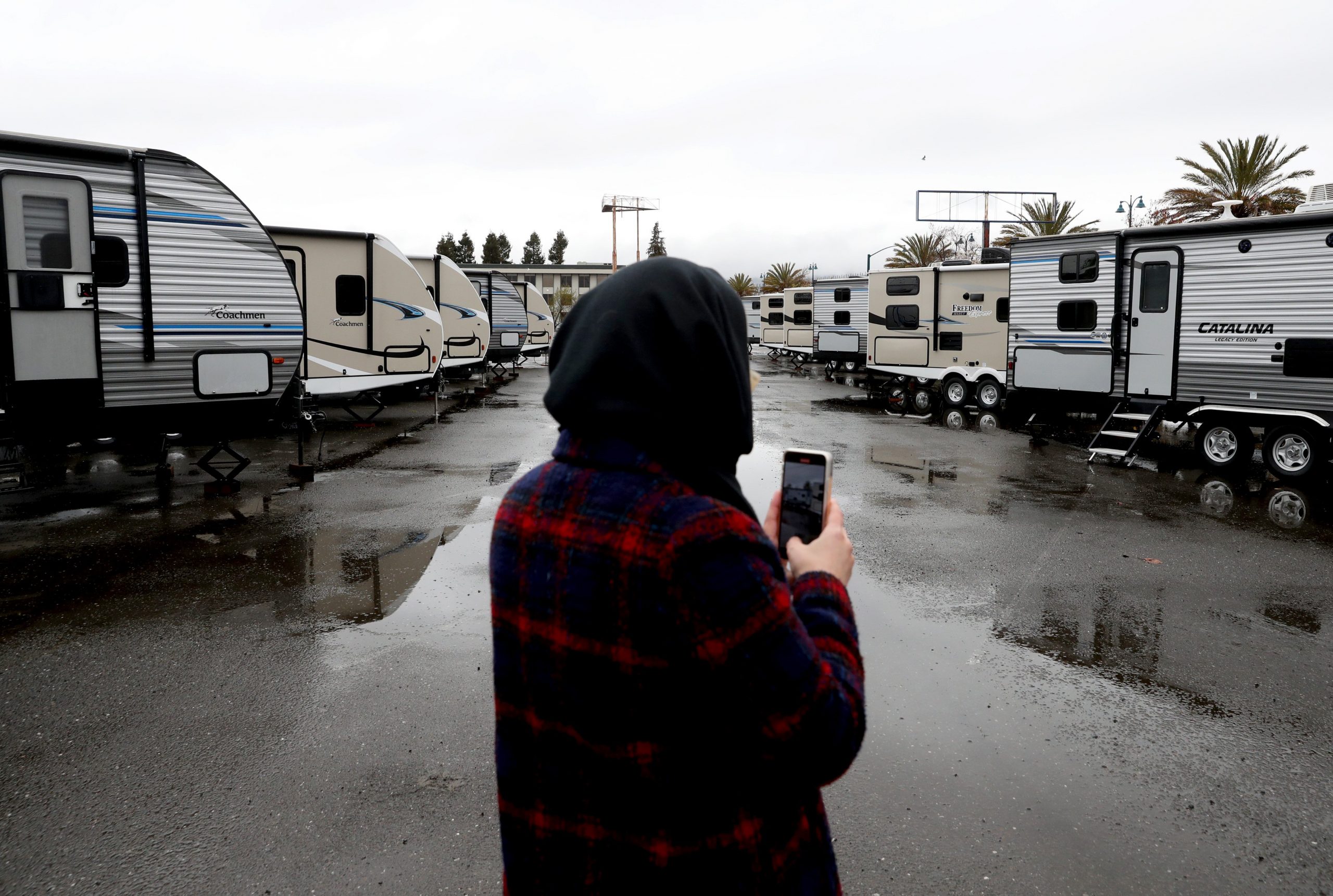 FEMA trailers are displayed in Oakland before a press conference with California Gov. Gavin Newsom and Oakland Mayor Libby Schaaf about the state's actions to address homelessness on Jan. 16, 2020. (Credit: Justin Sullivan / Getty Images)