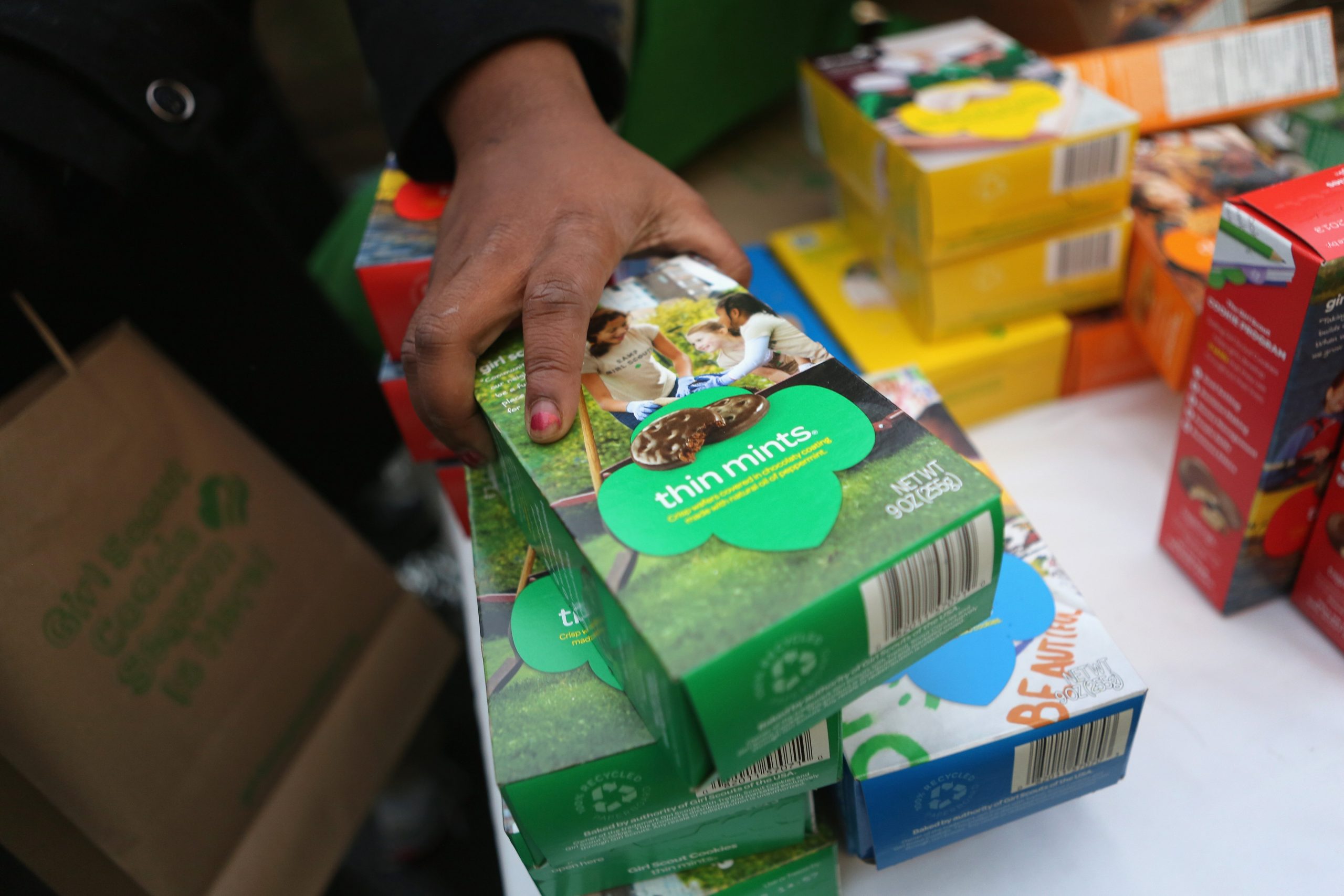 Girl Scouts sell cookies in New York City on Feb. 8, 2013 in New York City. (Credit: John Moore/Getty Images)