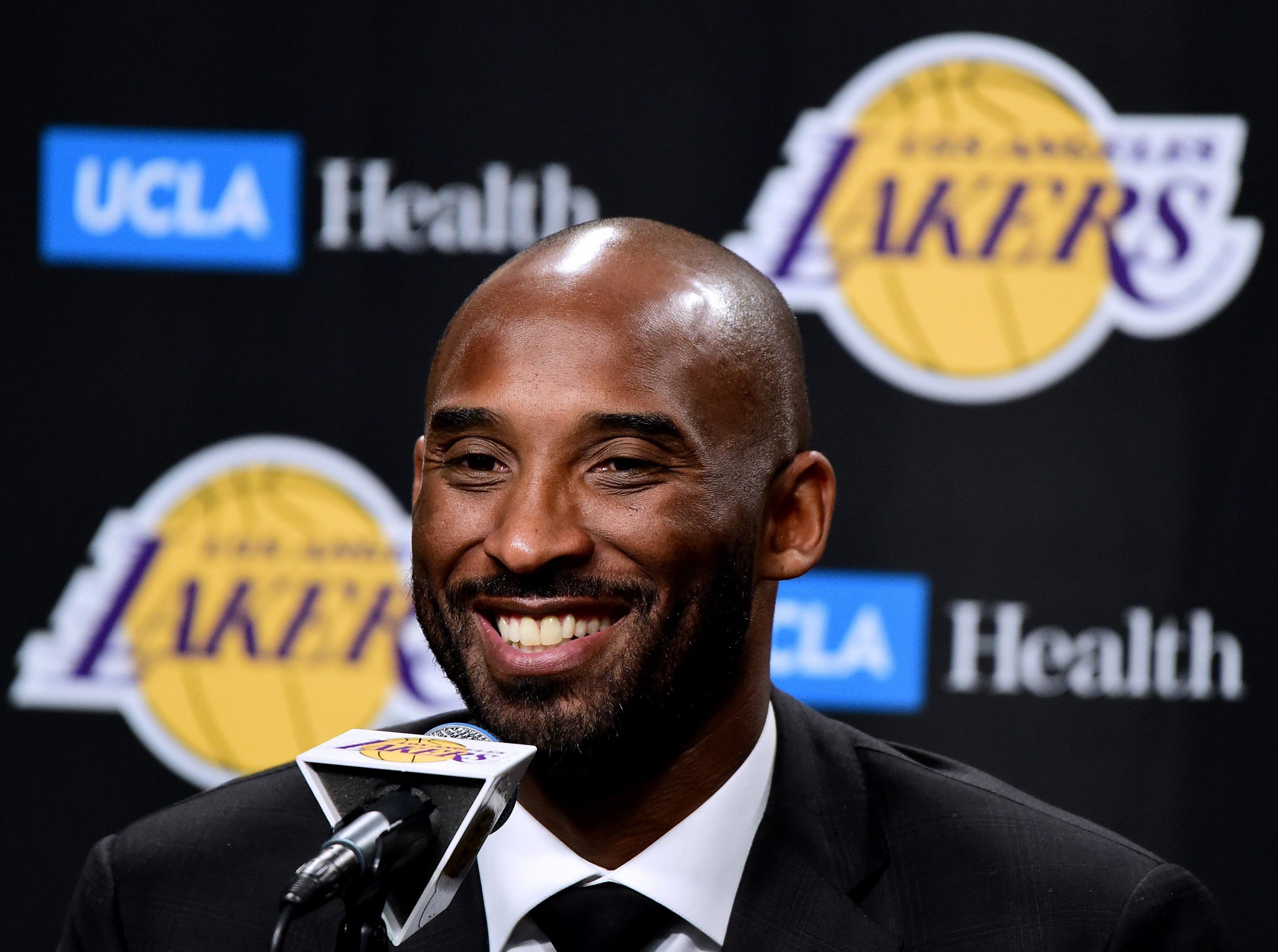 Kobe Bryant speaks to the media at a press conference before his No. 8 and No. 24 jerseys are retired by the Los Angeles Lakers at Staples Center on Dec. 18, 2017. (Credit: Harry How/Getty Images)