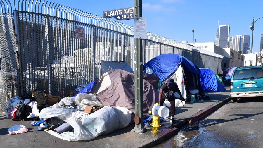 Tents of the homeless line a street corner in Los Angeles on Jan. 8, 2020. (Credit: Frederic J. BROWN / Getty)