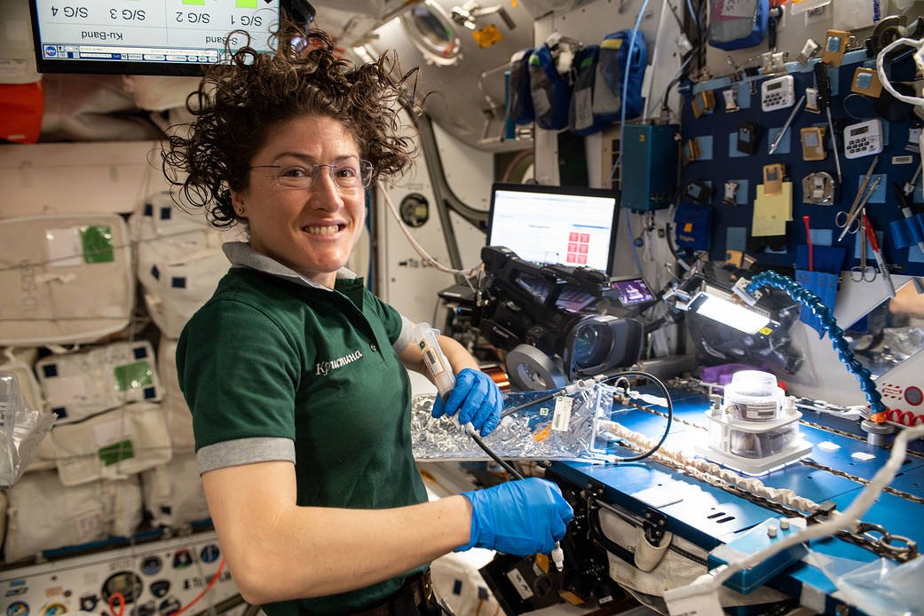 NASA astronaut Christina Koch works on space botany on the International Space Station April 25, 2019. (Credit: NASA)