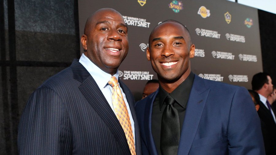 Earvin "Magic" Johnson, left, and Kobe Bryant, right, pictured in an undated photo posted on Johnson's Twitter account. (Credit: Twitter.com/MagicJohnson)