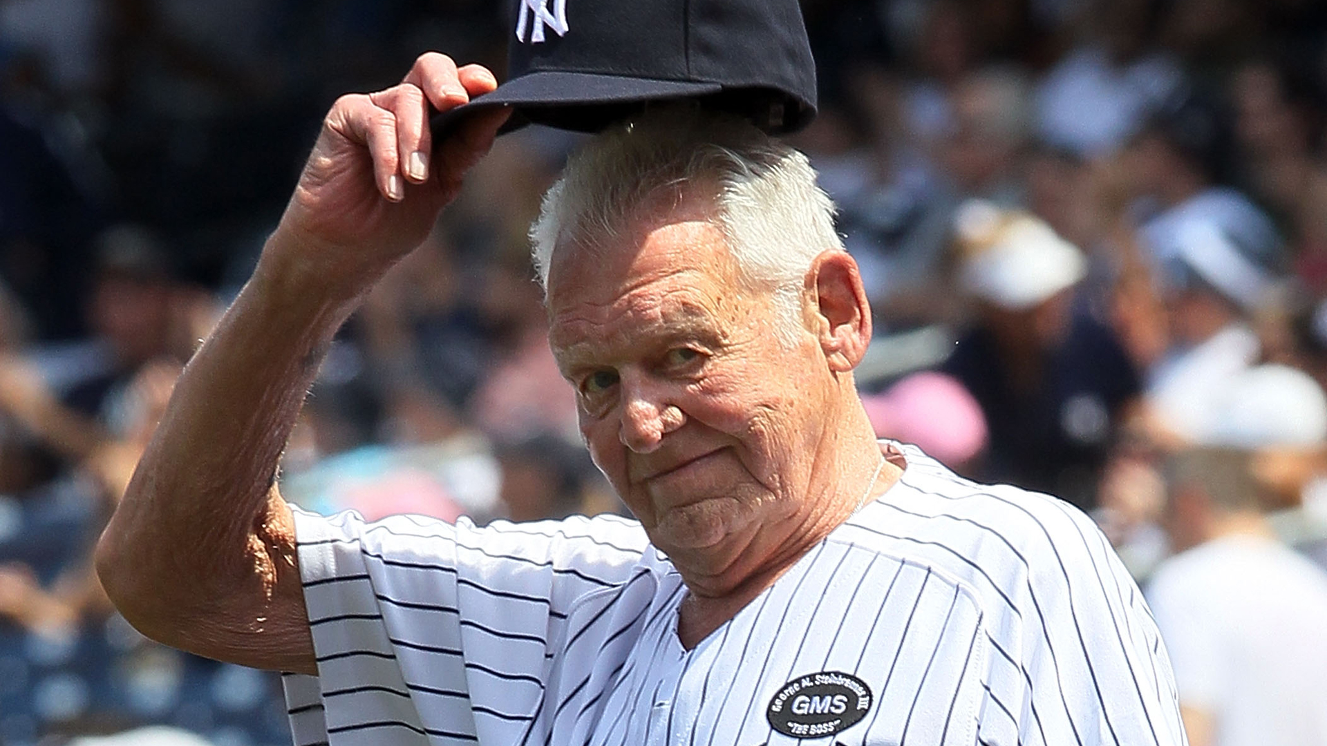 Former New York Yankee Don Larsen is introduced during the teams 64th Old-Timer's Day before the MLB game against the Tampa Bay Rays on July 17, 2010 at Yankee Stadium in the Bronx borough of New York City. (Credit: Jim McIsaac/Getty Images)