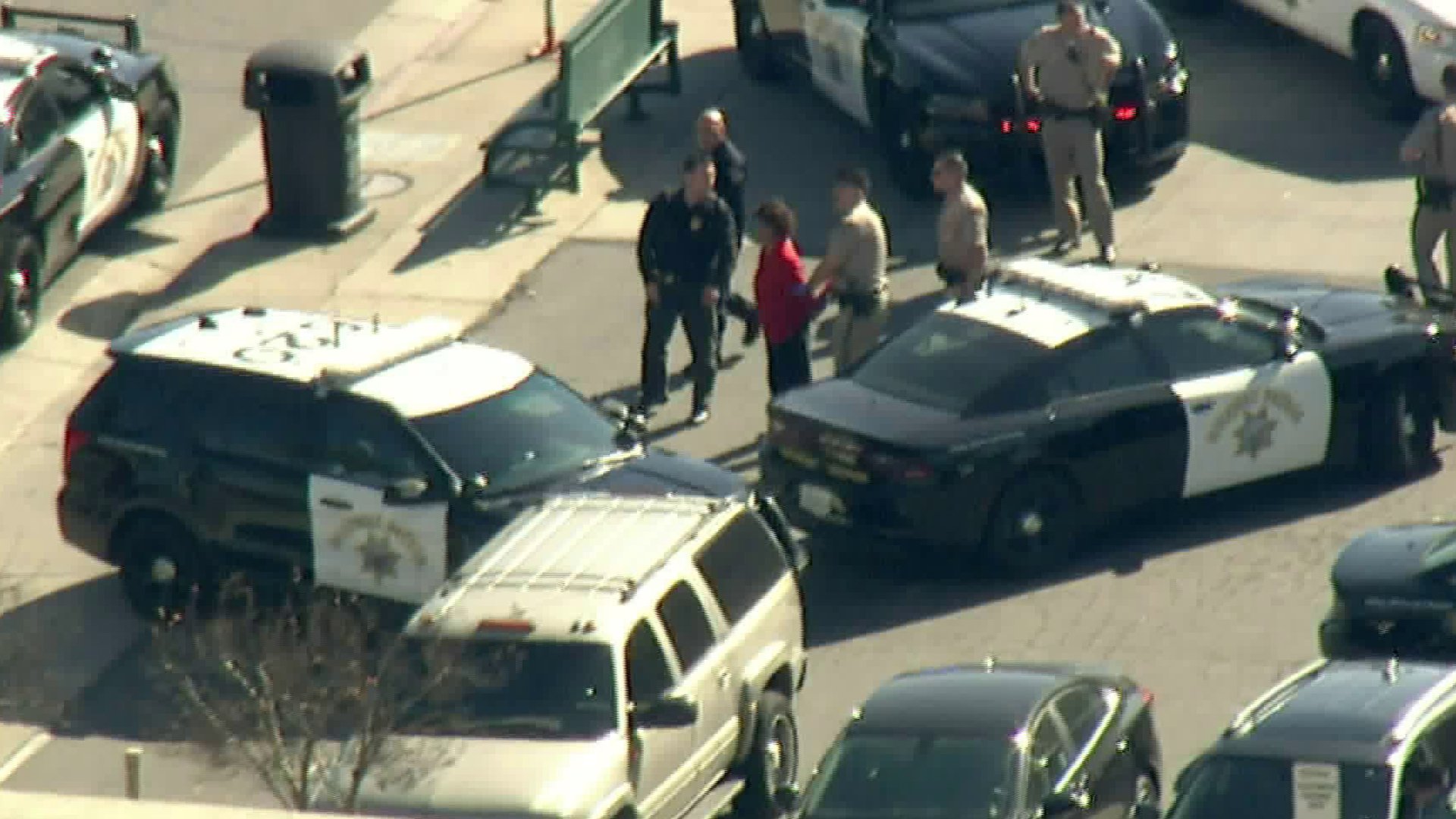 Officers take a suspected pursuit driver into custody outside an America's Tire location in Canoga Park on Jan. 28, 2020. (Credit: KTLA)