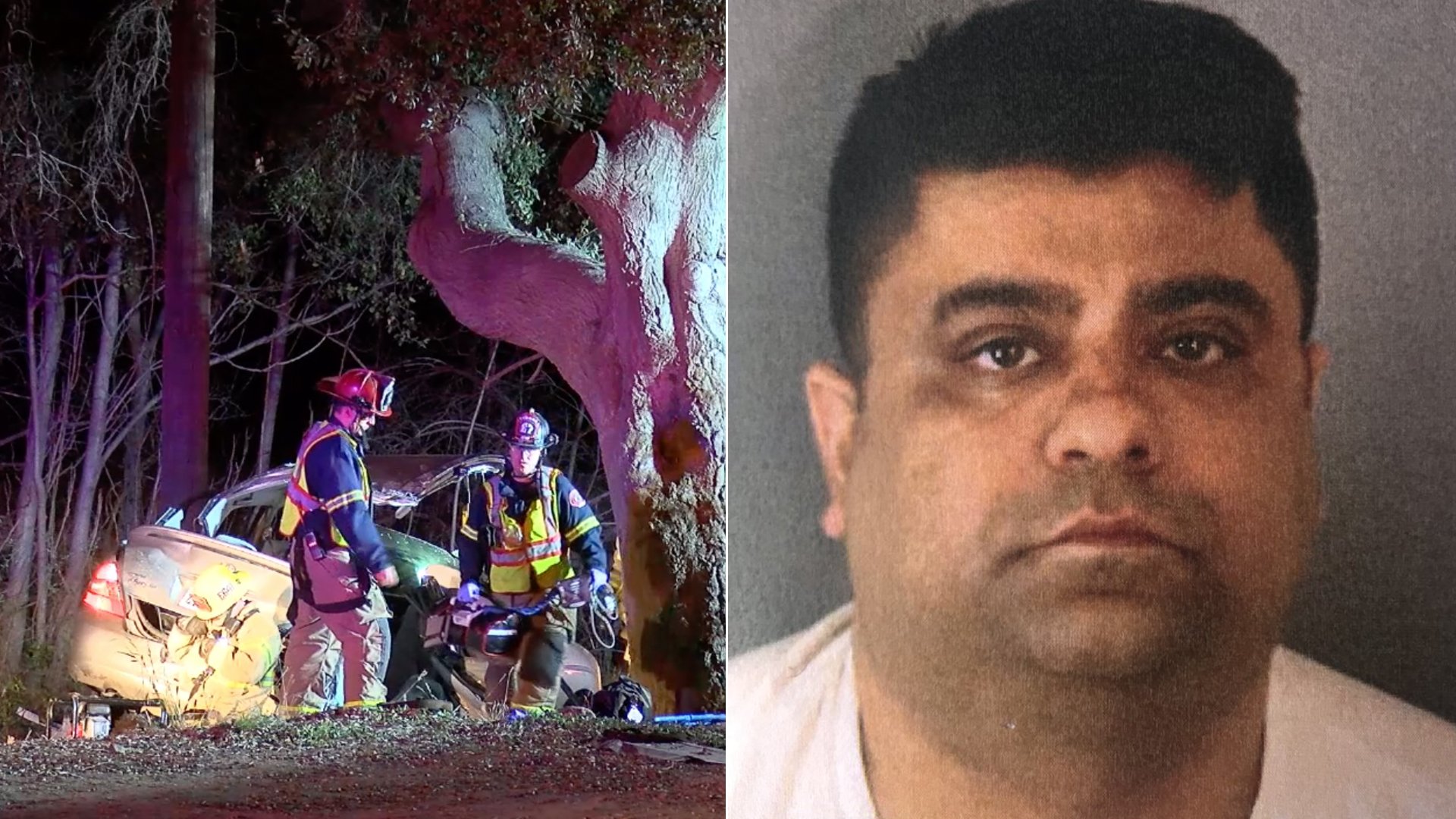 A Toyota Prius plowed into a tree in Temescal Valley after Anurag Chandra, right, allegedly intended to strike it in a deadly crash on Jan. 20, 2020. (Credit: Loudlabs, California Highway Patrol)