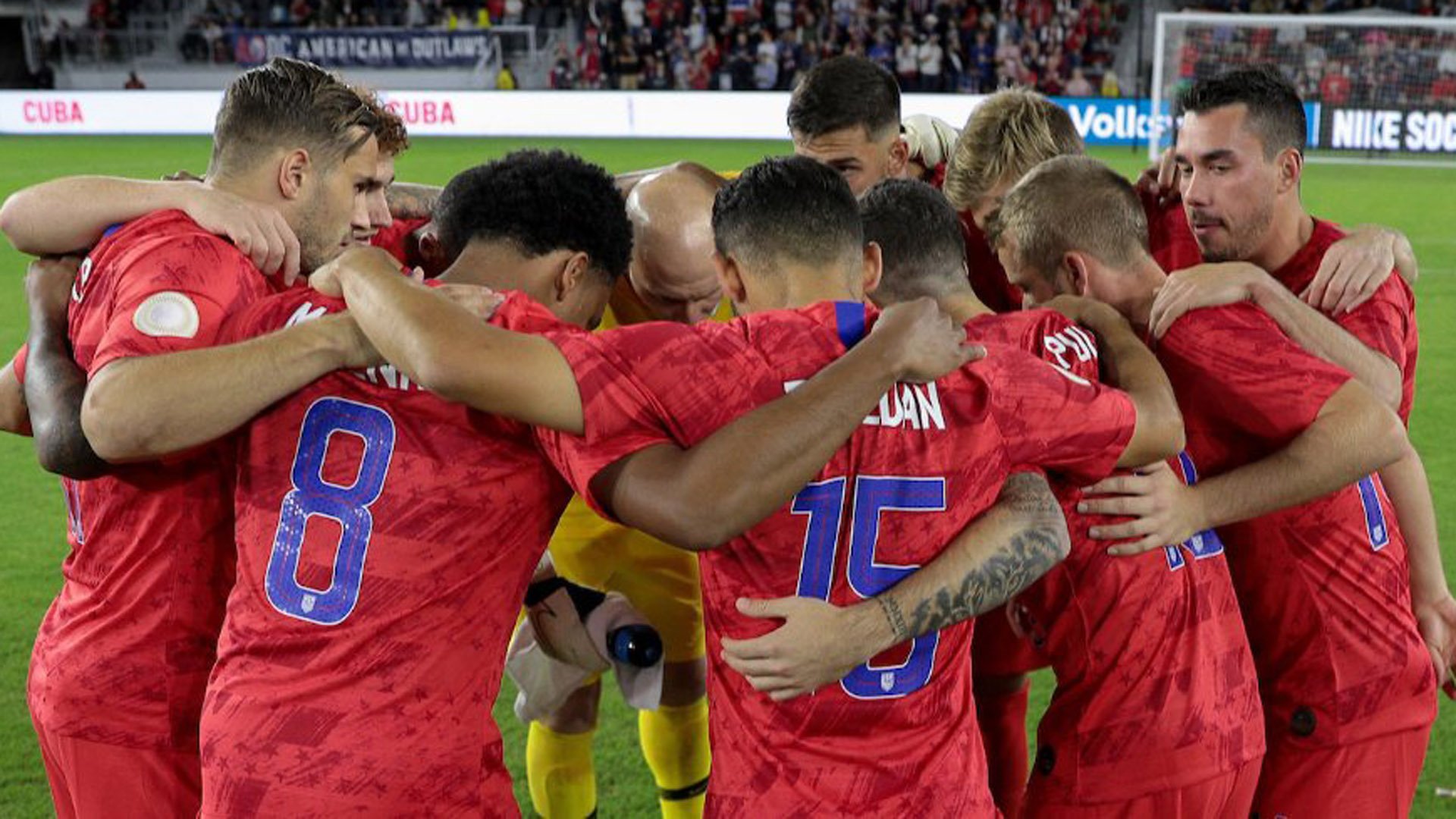 Players for the U.S. men’s soccer team huddle in a photo that appears on the group's Twitter profile in January 2019.