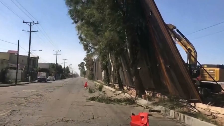 Panels on a recently constructed section of border wall were toppled by strong winds in the Calexico area on Jan. 29, 2020. (Credit: KYMA-DT via CNN)