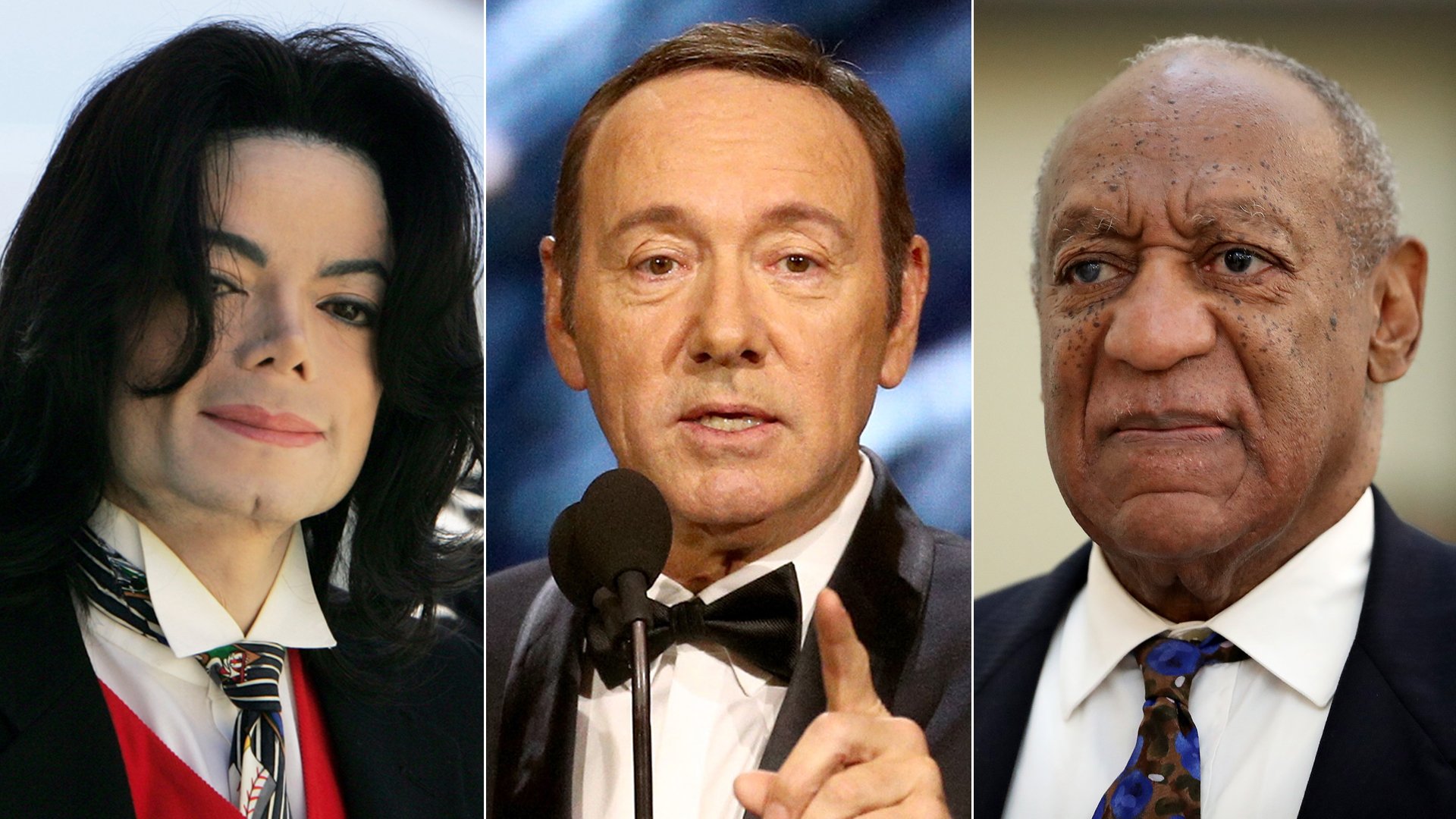 From left: Michael Jackson arrives at a Santa Barbara County courthouse in April 2005, Kevin Spacey presents an award at the 2017 Britannia Awards in Beverly Hills and Bill Cosby is seen in a Montgomery County, Pennsylvania, courtroom in September 2018. (Credit: Justin Sullivan / Frederick M. Brown / David Maialetti / Getty Images)