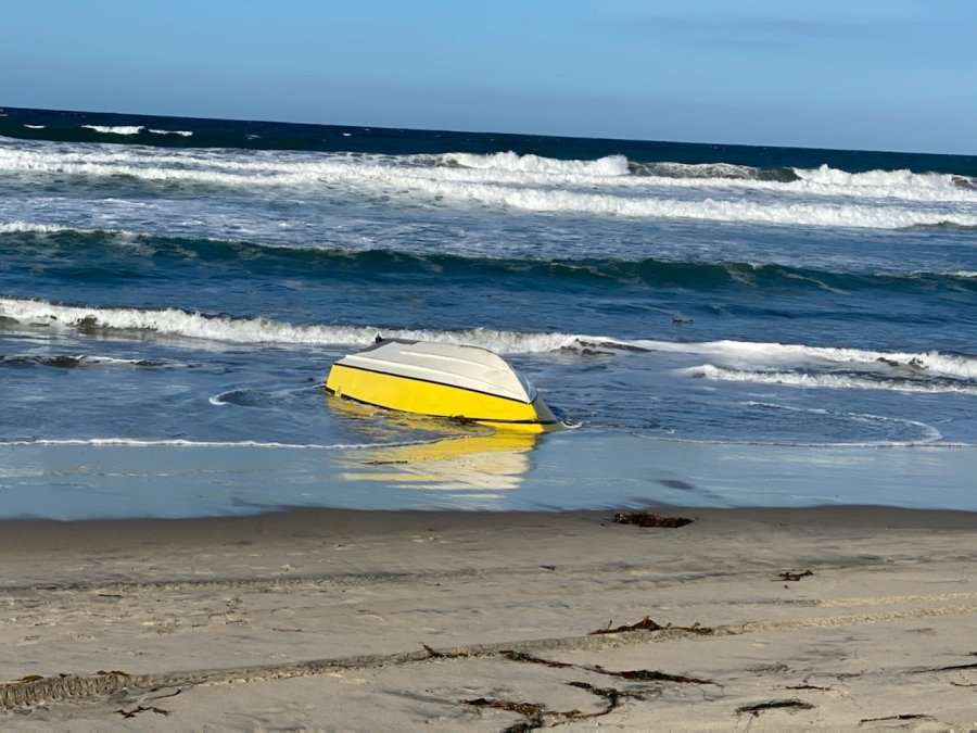 A suspected smuggling boat is seen after it capsized off the coast of Imperial Beach on Feb. 3, 2020. (Credit: U.S. Border Patrol)