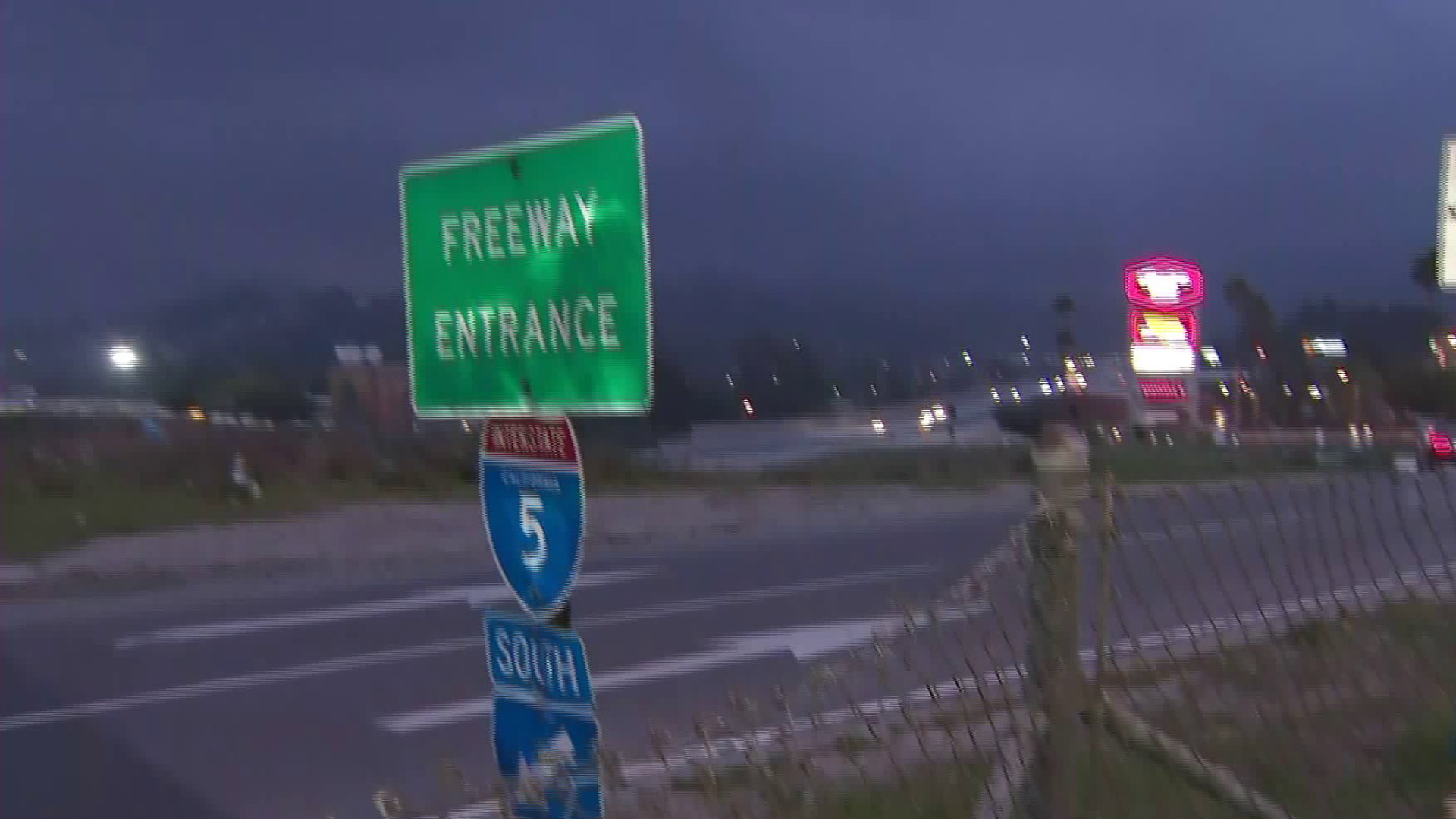 Dark clouds hover over the 5 Freeway along the Grapevine on Feb. 9, 2020. (Credit: KTLA)