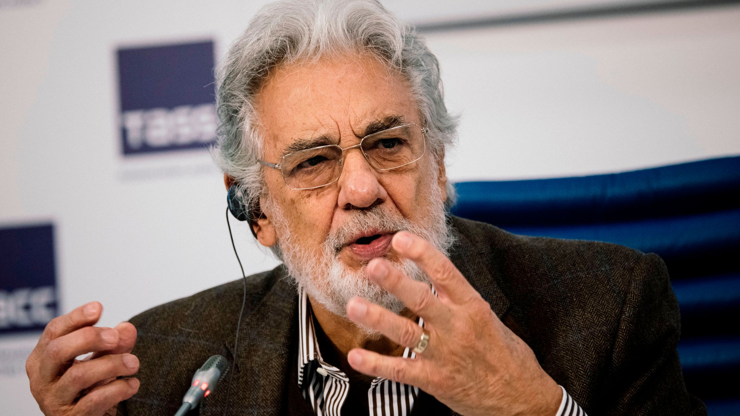 Spanish tenor Placido Domingo gives a press conference ahead of his concert in Moscow on Oct. 15, 2019. (Dimitar DILKOFF / AFP / Getty Images)