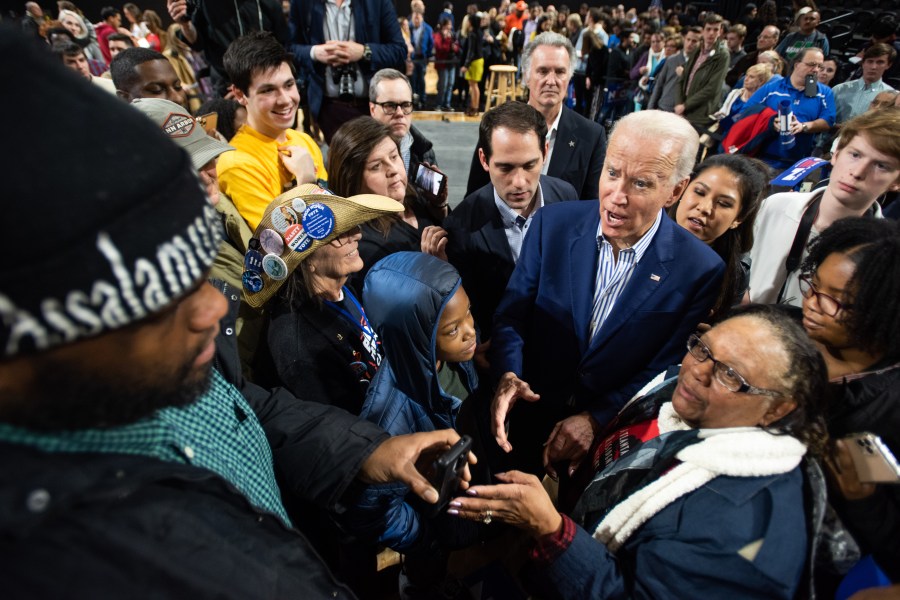 Joe Biden responds to a man asking for a photograph at a campaign event at Wofford University Feb. 28, 2020 in Spartanburg, South Carolina. (Sean Rayford/Getty Images)