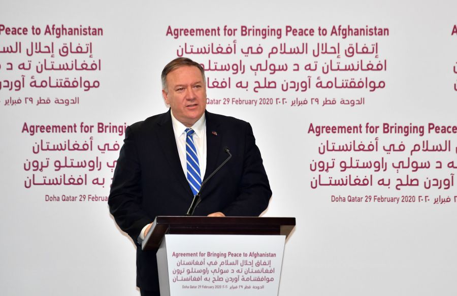 U.S. Secretary of State Mike Pompeo speaks at a signing ceremony of the U.S.-Taliban agreement in the Qatari capital Doha on Feb. 29, 2020. - (GIUSEPPE CACACE/AFP via Getty Images)