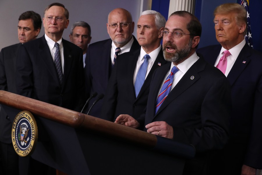 U.S. Health and Human Services Secretary Alex Azar speaks alongside President Donald Trump and other federal officials in the Brady Press Briefing Room at the White House, Feb. 26, 2020, in Washington, D.C. The health department head outlined U.S. efforts to mitigate spread of the coronavirus. (Chip Somodevilla/Getty Images)