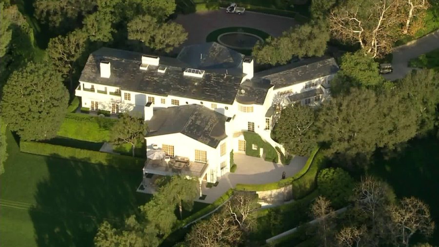 The main home on the Beverly Hills property Jeff Bezos acquired from media mogul David Geffen for a then-record $165 million is seen on Feb. 13, 2020. (Credit: KTLA)