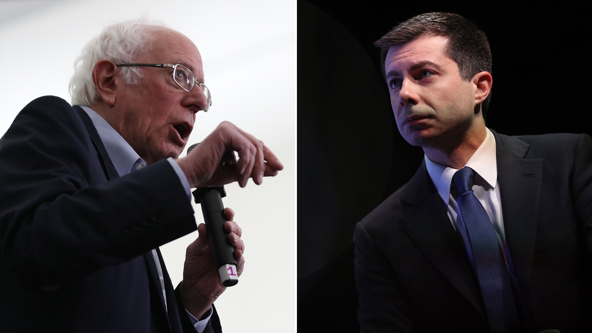 Sen. Bernie Sanders, left, speaks at a campaign rally in Milford, New Hampshire, on Feb. 4, 2020. At right, former South Bend Mayor Pete Buttigieg appears at a climate town hall in Concord, New Hampshire, on Feb. 5, 2020. (Photo by Joe Raedle/Getty Images)