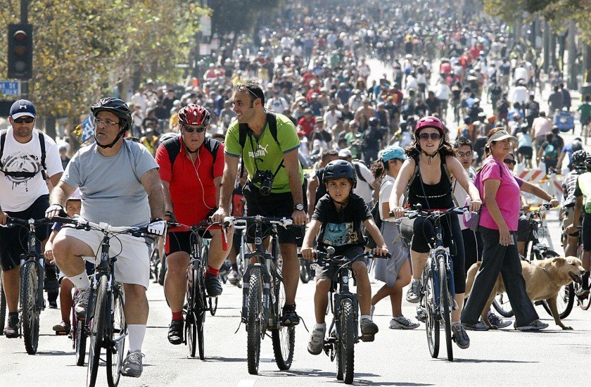 Bicyclists fill Spring Street during a CicLAvia event in downtown Los Angeles in an undated photo. (Credit: Luis Sinco / Los Angeles Times)