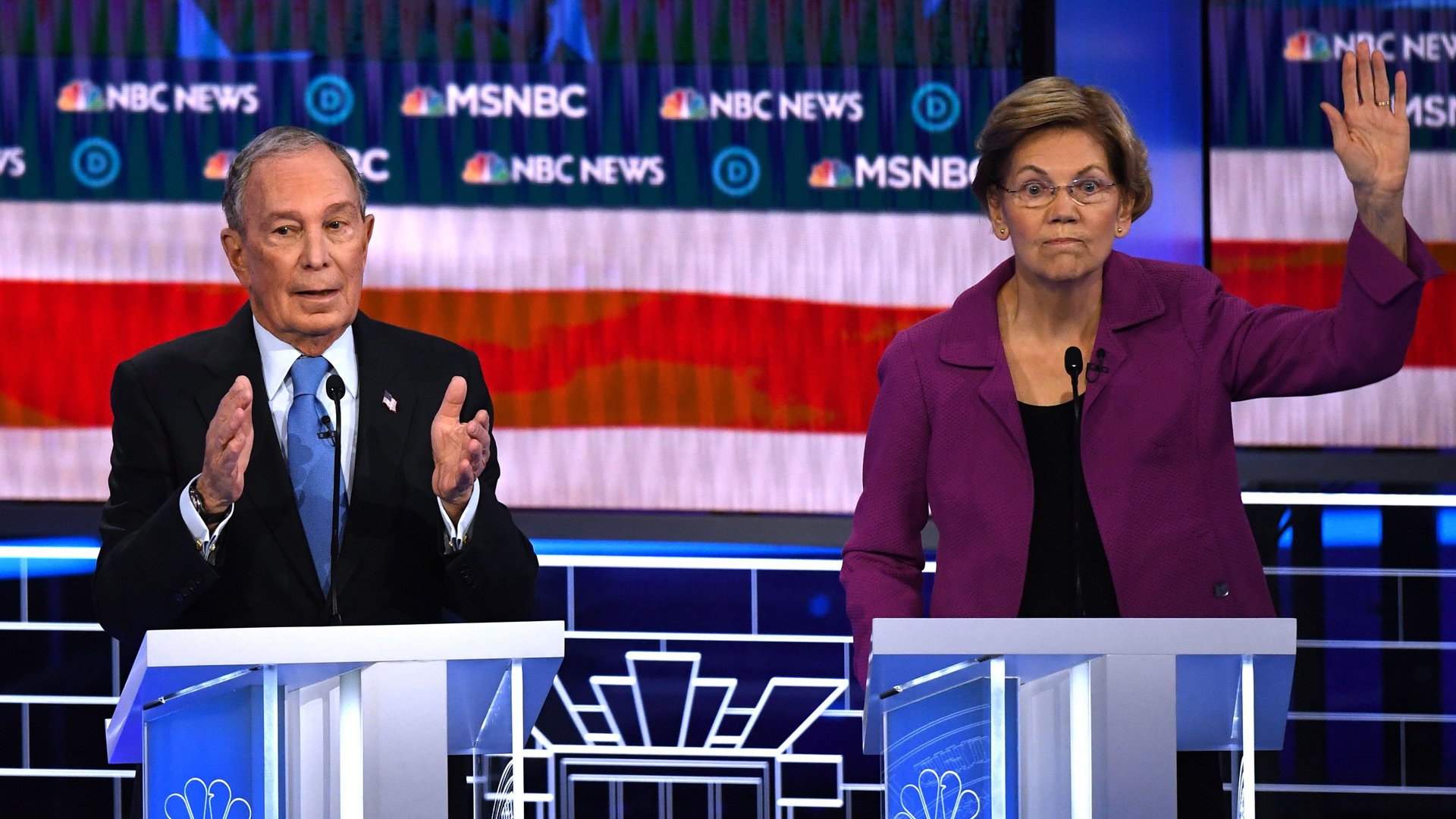 Sen. Elizabeth Warren, right, gestures next to former New York Mayor Mike Bloomberg during the ninth Democratic primary debate of the 2020 presidential campaign season in Las Vegas on Feb. 19, 2020. (Credit: Mark Ralston / AFP / Getty Images)