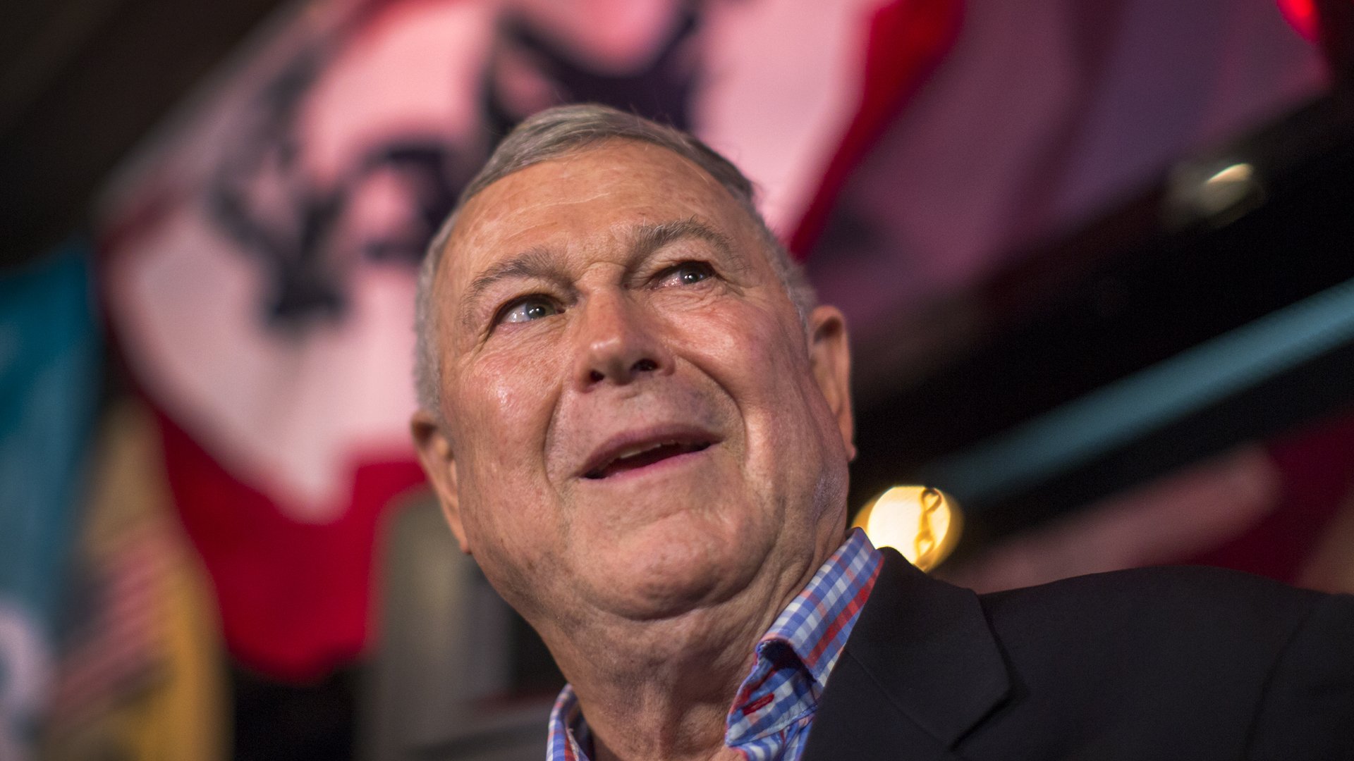 Longtime Rep. Dana Rohrabacher talks to reporters on Election Night on Nov. 6, 2018, in Costa Mesa. (Credit: David McNew/Getty Images)