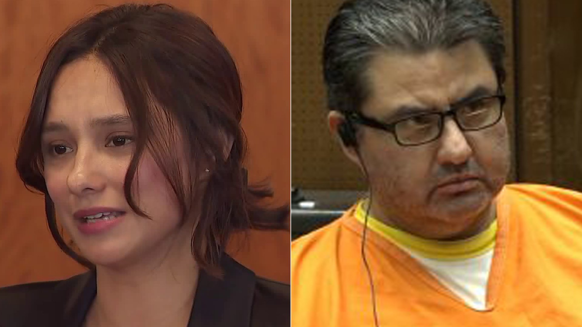 From left to right: Sochil Martin details allegations against the La Luz Del Mundo Church at a news conference in Los Angeles, Feb. 13, 2020. Naasón Joaquín García appears for a bail hearing in a downtown L.A. courtroom on July 16, 2019. (Credit: KTLA)