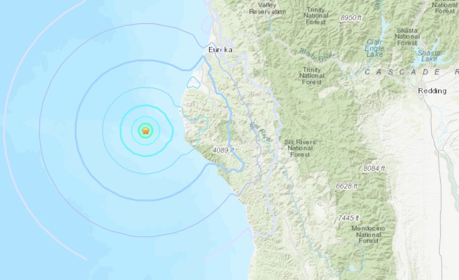 The epicenter of a 4.3-magnitude earthquake near Fortuna, Calif. on Feb. 22, 2020, appears in this image from the U.S. Geological Survey.