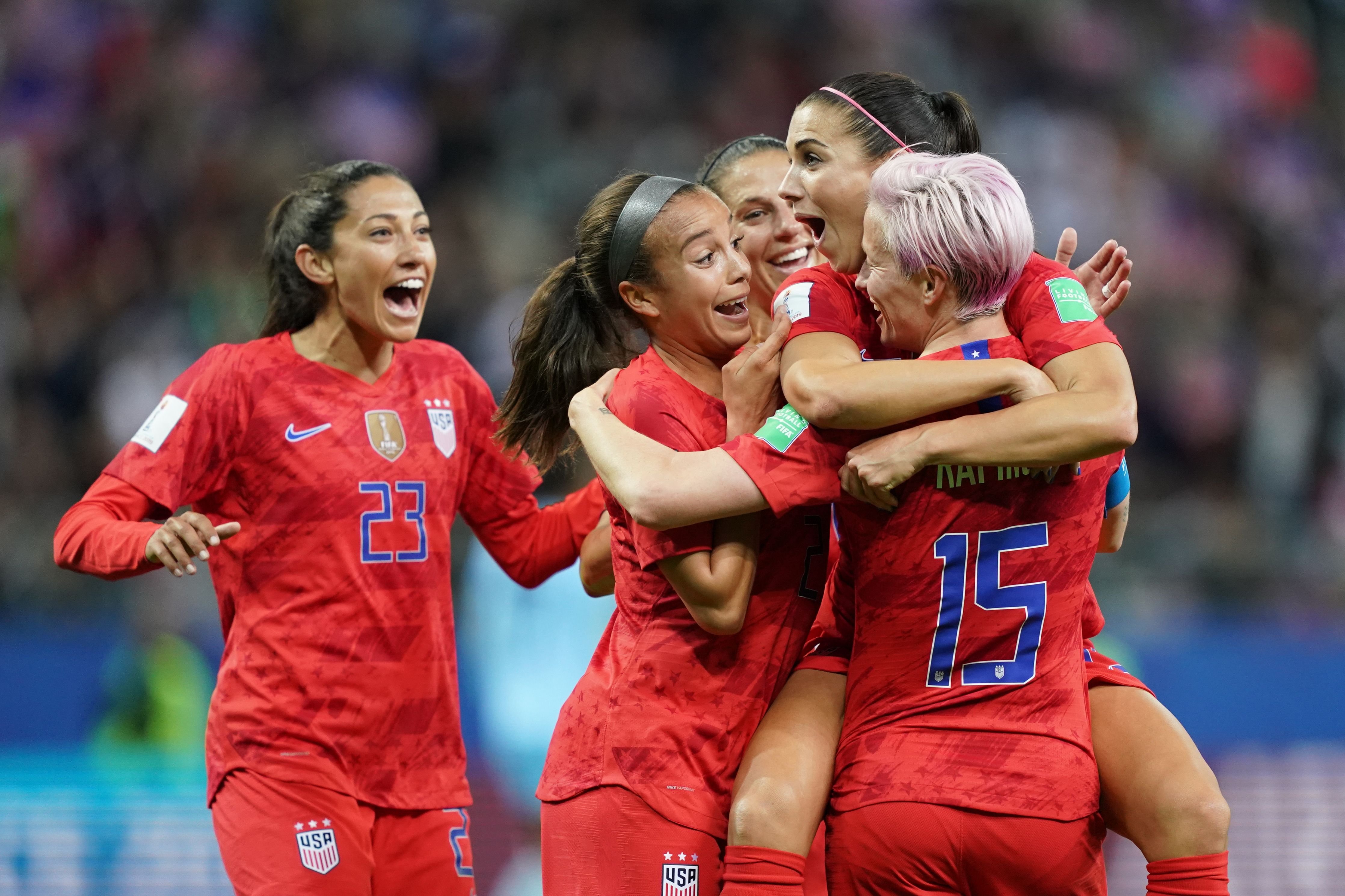 U.S. players celebrate a goal during the Women's World Cup match between USA and Thailand in Reims, France, on June 11, 2019. (Credit: Lionel Bonaventure / AFP / Getty Images)