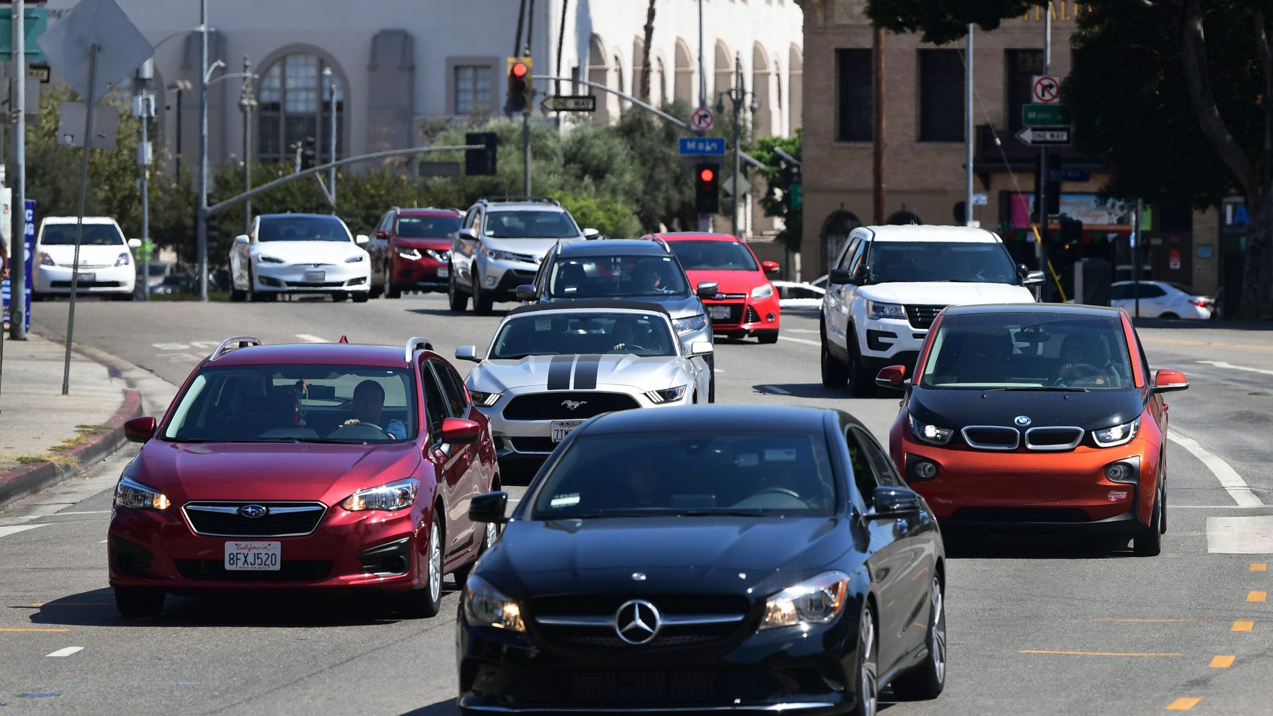 Drivers make their way along Sunset Boulevard in Los Angeles on Sept. 18, 2019. (Credit: Frederic J. Brown / AFP / Getty Images)