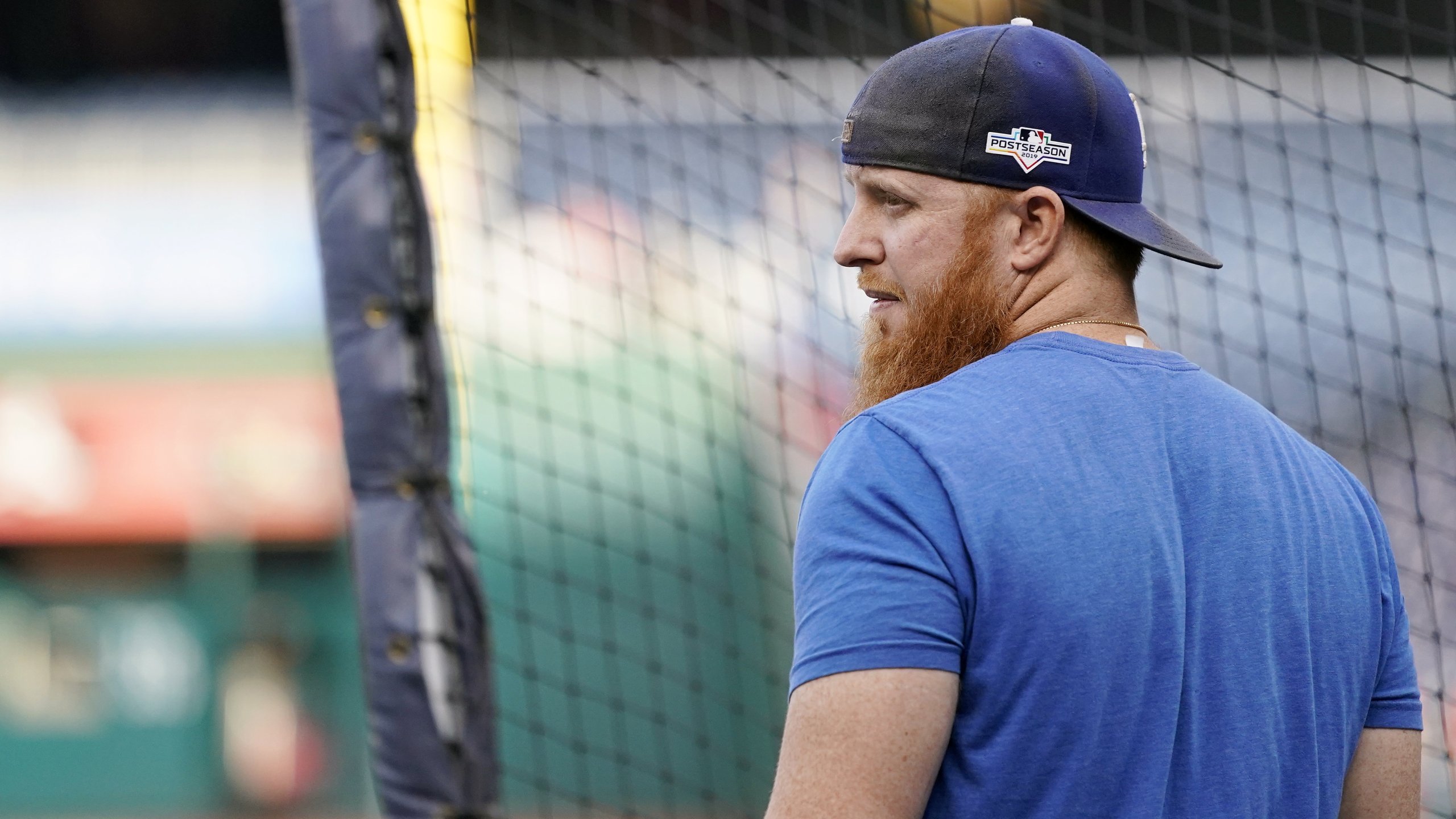 Justin Turner of the Los Angeles Dodgers takes batting practice before Game Four of the National League Divisional Series against the Washington Nationals at Nationals Park on Oct. 7, 2019. (Credit: Patrick McDermott/Getty Images)