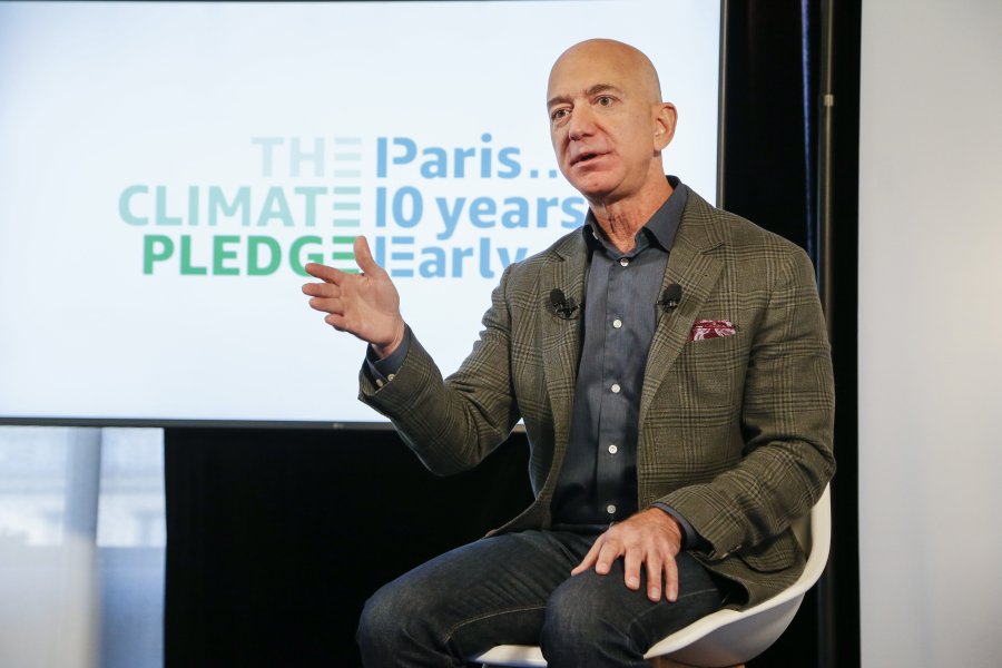 Amazon CEO Jeff Bezos announces the co-founding of The Climate Pledge at the National Press Club in Washington, D.C. on Sept. 19, 2019. (Credit: Paul Morigi/Getty Images for Amazon)