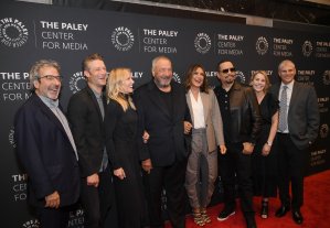 Warren Leight, Peter Scanavino, Kelli Giddish, Dick Wolf, Marishka Hargitay, Ice-T, Julie Martin and Michael Starr attend the "Law & Order: SVU" Television Milestone Celebration at The Paley Center for Media on Sept. 25, 2019, in New York City. (Credit: Dimitrios Kambouris/Getty Images)