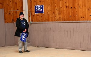 A supporter of Democratic presidential candidate, entrepreneur Andrew Yang stands alone on Feb. 3, 2020 in Carpenter, Iowa. (Credit: Steve Pope/Getty Images)