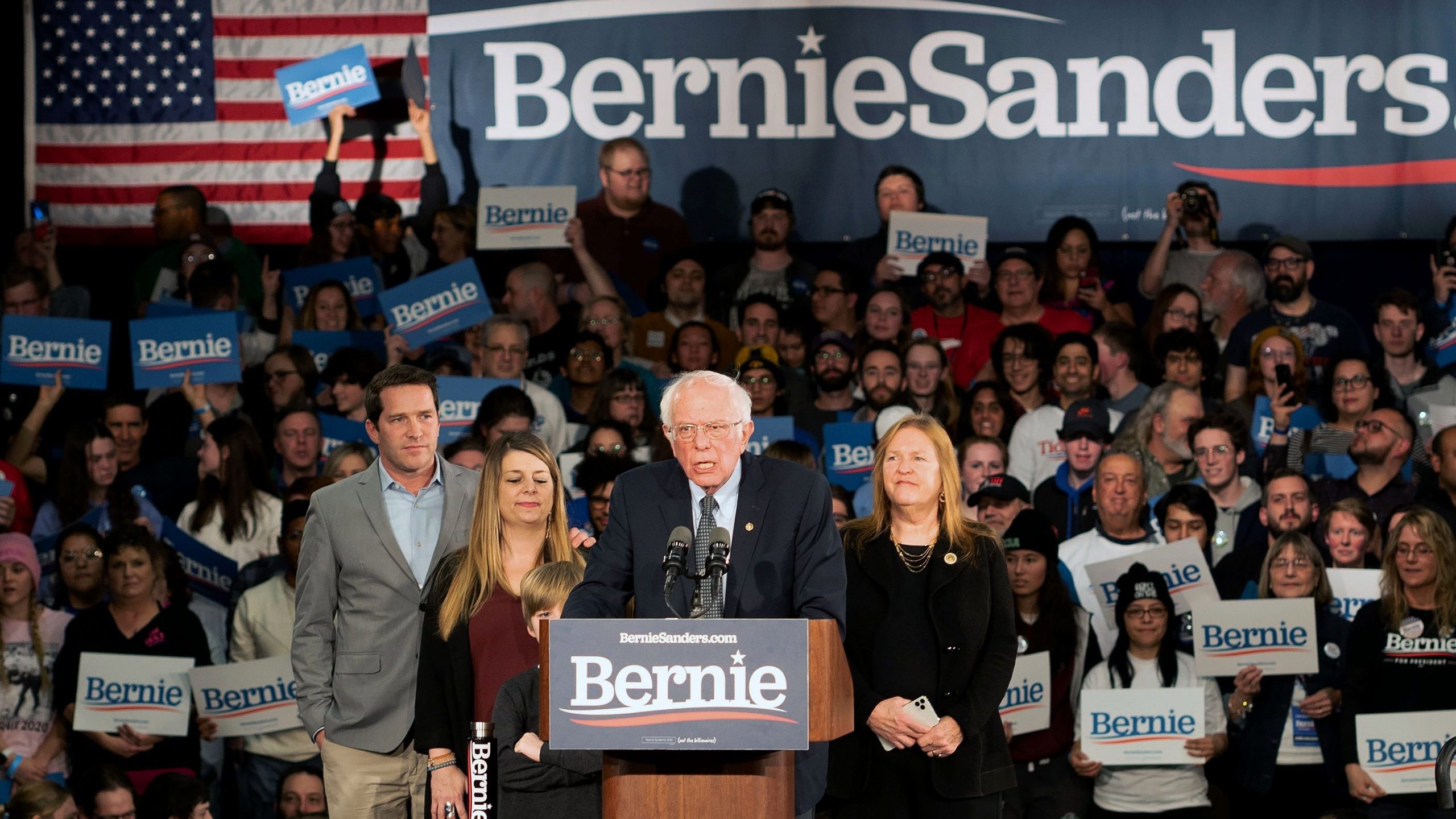 Democratic presidential candidate Bernie Sanders speaks to supporters as they wait for results to come in at his caucus night watch party on Feb. 3, 2020, in Des Moines, Iowa. (Credit: KEREM YUCEL/AFP via Getty Images)