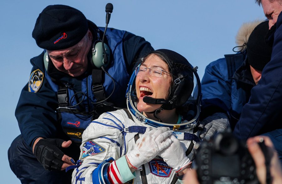 NASA astronaut Christina Koch reacts shortly after landing in a remote area outside the town of Dzhezkazgan (Zhezkazgan), Kazakhstan, on February 6, 2020. (Credit: SERGEI ILNITSKY/POOL/AFP via Getty Images)