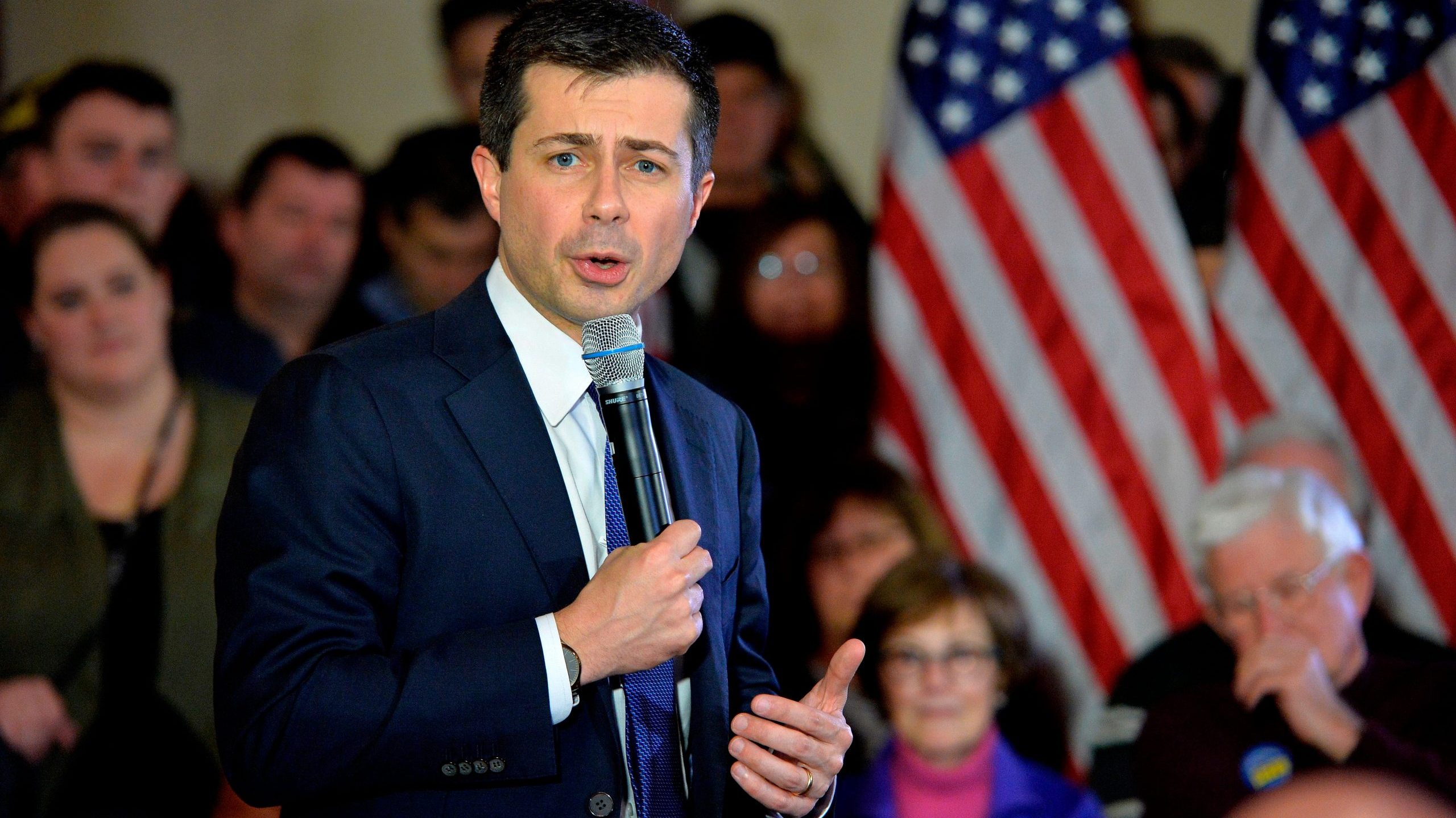 US Presidential Candidate and former South Bend, Indiana mayor Pete Buttigieg speaks to veterans and members of the public at a town hall event at the American Legion Post 98 in Merrimack, New Hampshire on February 6, 2020. (Credit: JOSEPH PREZIOSO/AFP via Getty Images)