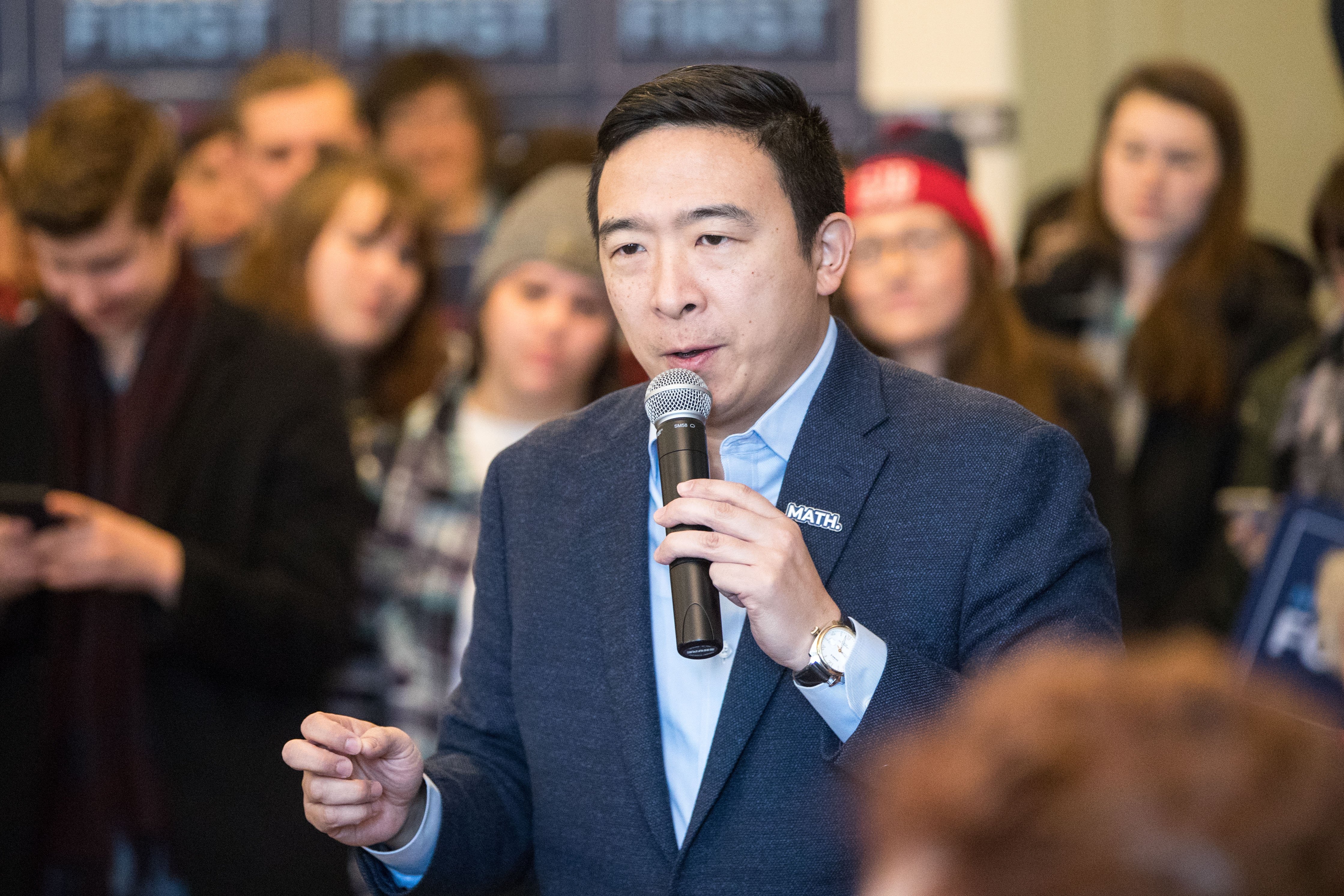 Democratic presidential candidate Andrew Yang speaks during a campaign event at Hopkinton Town Hall on Feb. 9, 2020 in Hopkinton, New Hampshire. (Credit: Scott Eisen/Getty Images)