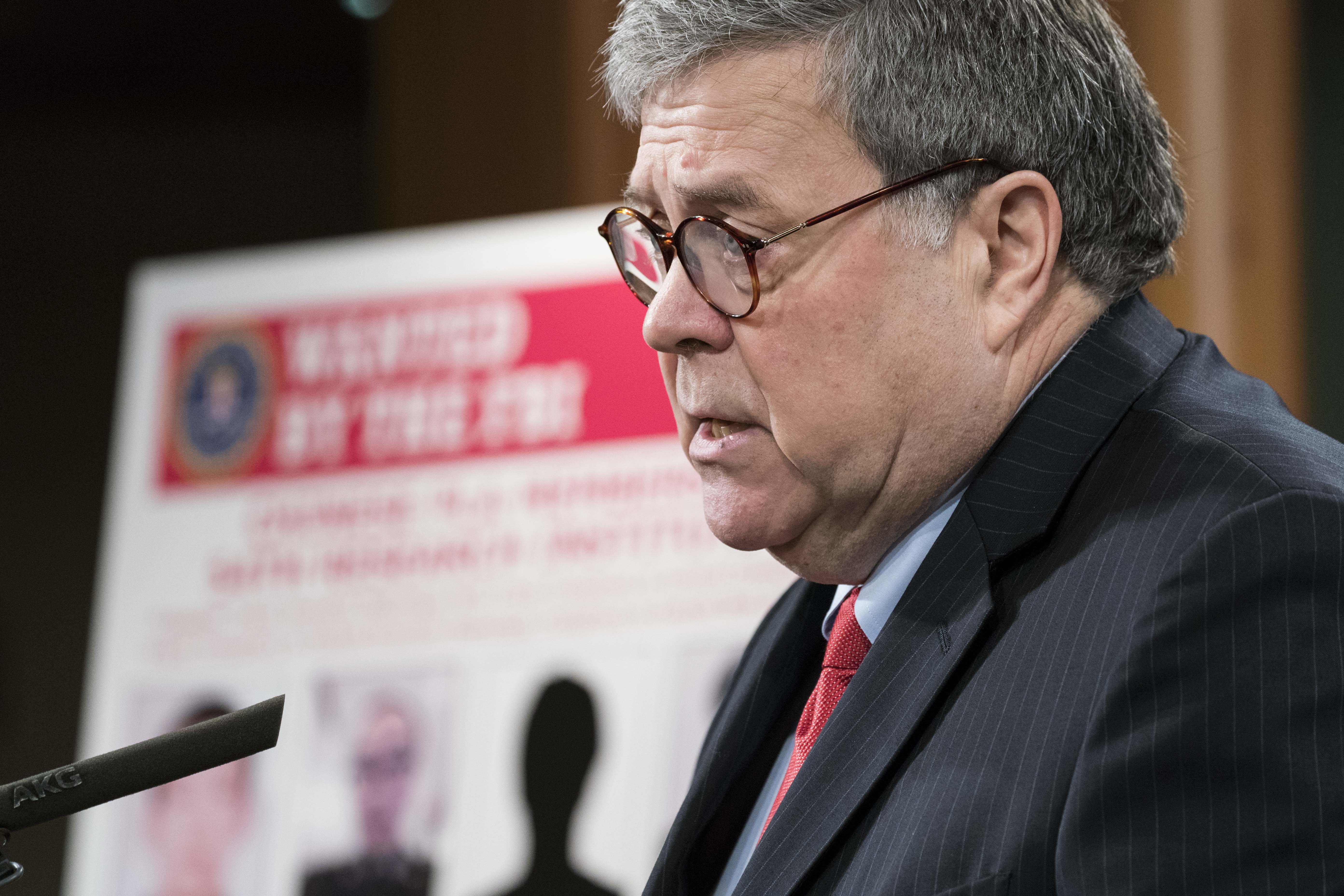 Attorney General William Barr participates in a press conference at the Department of Justice on Feb. 10, 2020 in Washington, D.C. (Credit: Sarah Silbiger/Getty Images)