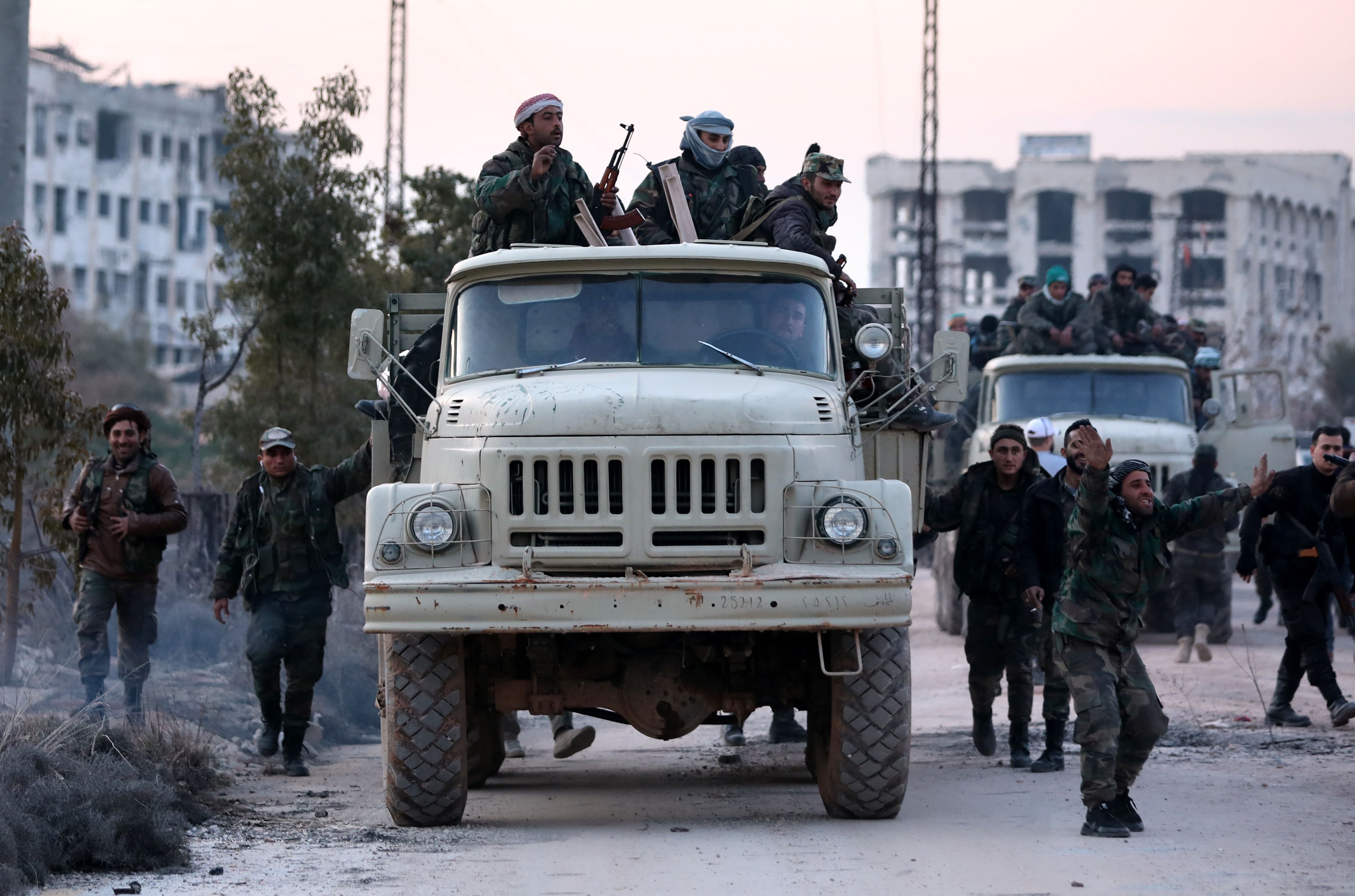 A picture taken during a guided tour organized by the Syrian army shows regime forces in the area of al-Lirmoun, north of Aleppo, on Feb. 17, 2020. (Credit: Louai Beshara / AFP / Getty Images)