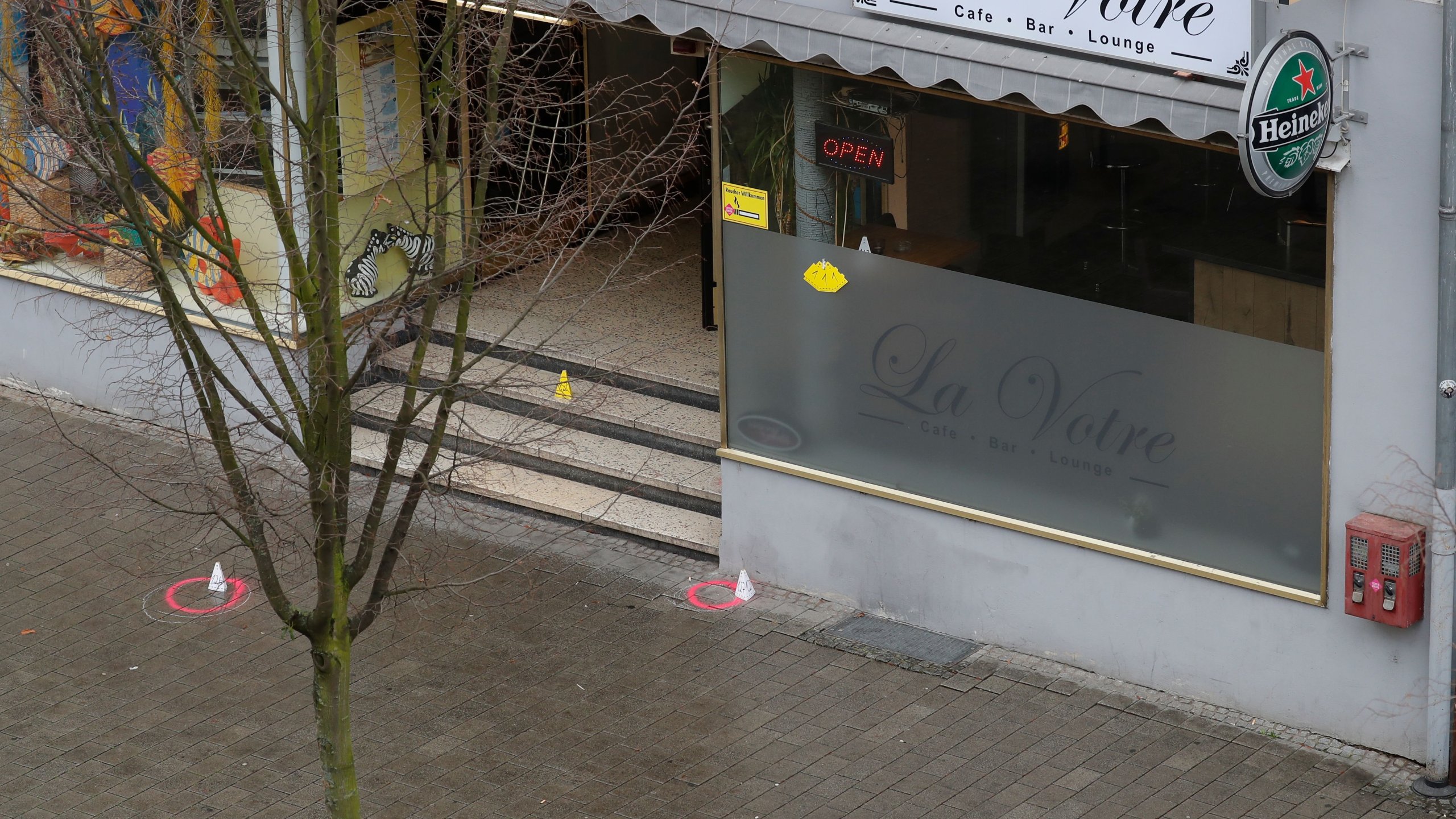 General view of one of the bars targeted in a shooting at the Heumarkt in the centre of Hanau, near Frankfurt am Main, western Germany, on February 20, 2020, after at least nine people were killed in two shootings late on February 19, 2020. (Credit: ODD ANDERSEN/AFP via Getty Images)