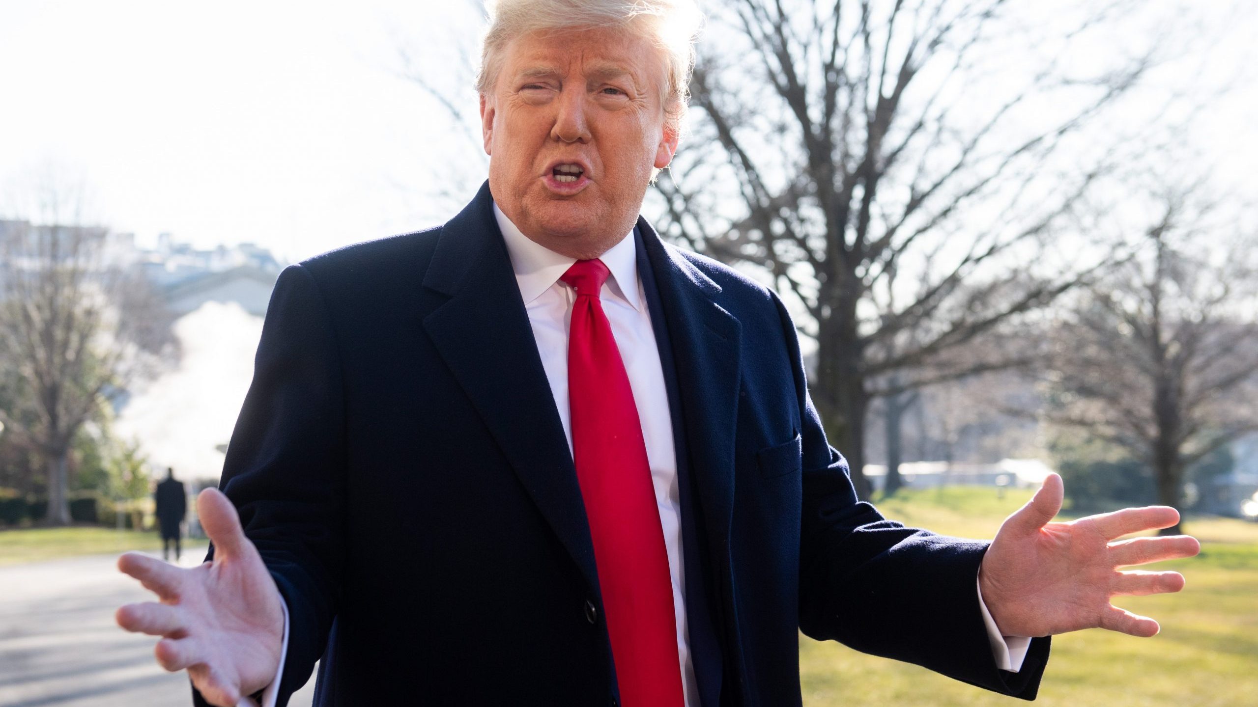 Donald Trump speaks to the press prior to departing on Marine One from the South Lawn of the White House on Feb. 23, 2020. (Credit: SAUL LOEB/AFP via Getty Images)