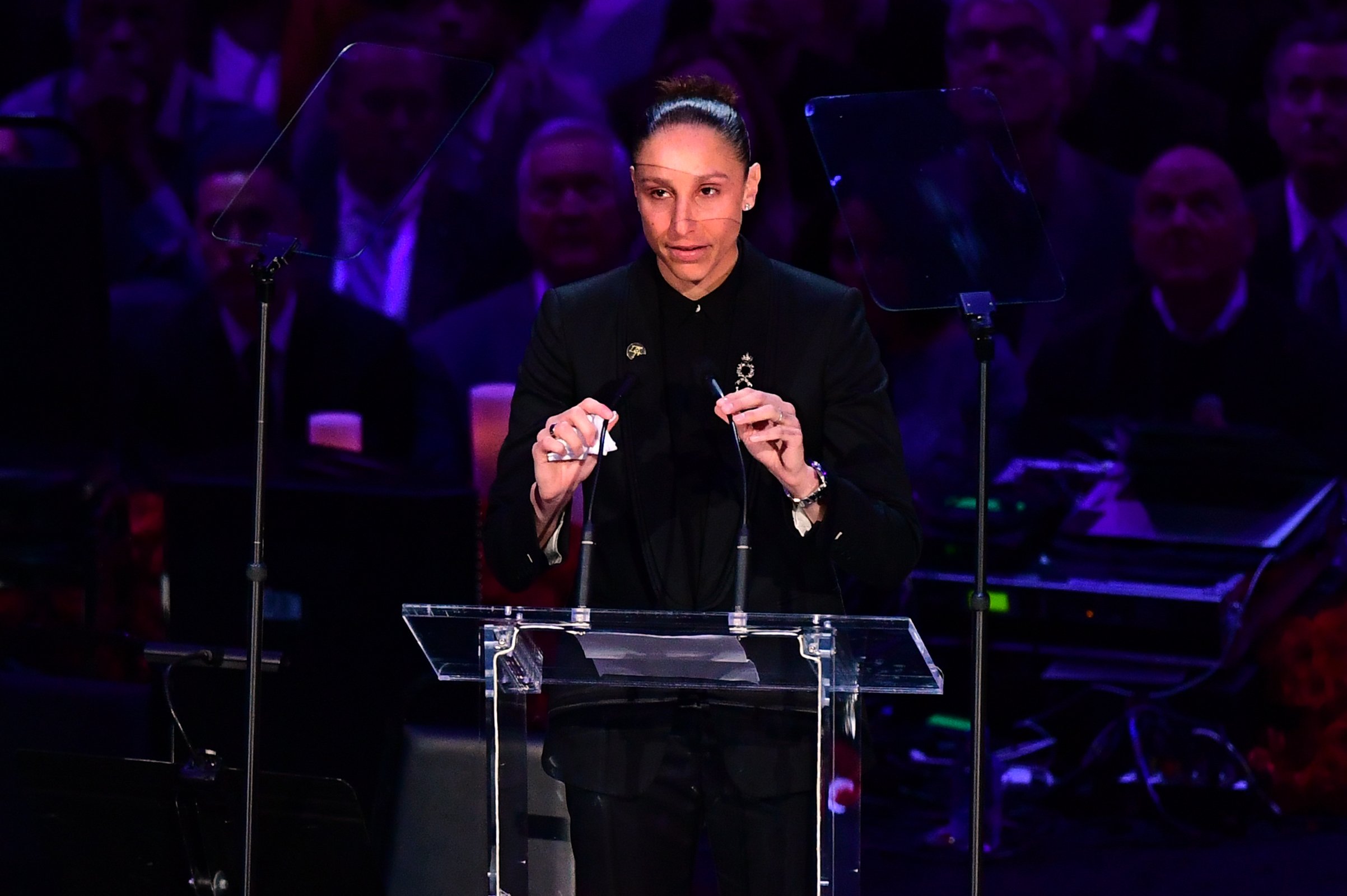 US basketball player Diana Taurasi speaks during the "Celebration of Life for Kobe and Gianna Bryant" service at Staples Center on Feb. 24, 2020. (Credit: FREDERIC J. BROWN/AFP via Getty Images)