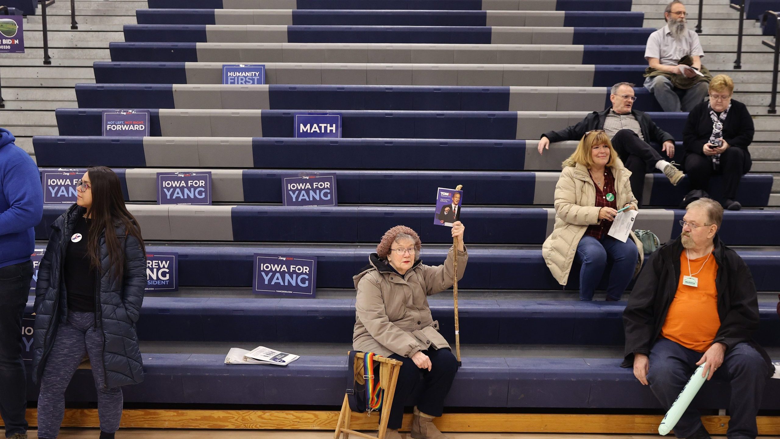 Supporters of Democratic presidential candidate Tom Steyer prepare to caucus at Roosevelt High School Feb. 03, 2020 in Des Moines, Iowa. (Credit: Chip Somodevilla/Getty Images)