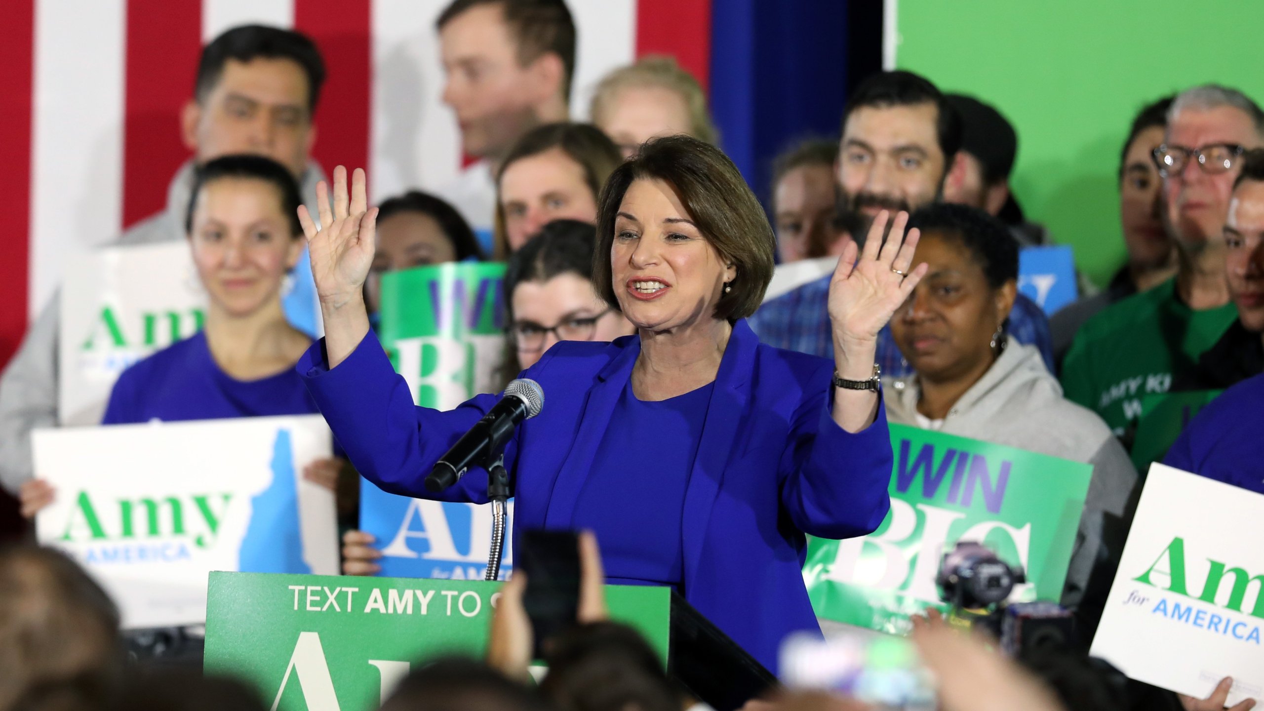 Democratic presidential candidate Sen. Amy Klobuchar speaks on stage during a primary night event on Feb. 11, 2020, in Concord, New Hampshire. (Credit: Scott Eisen/Getty Images)