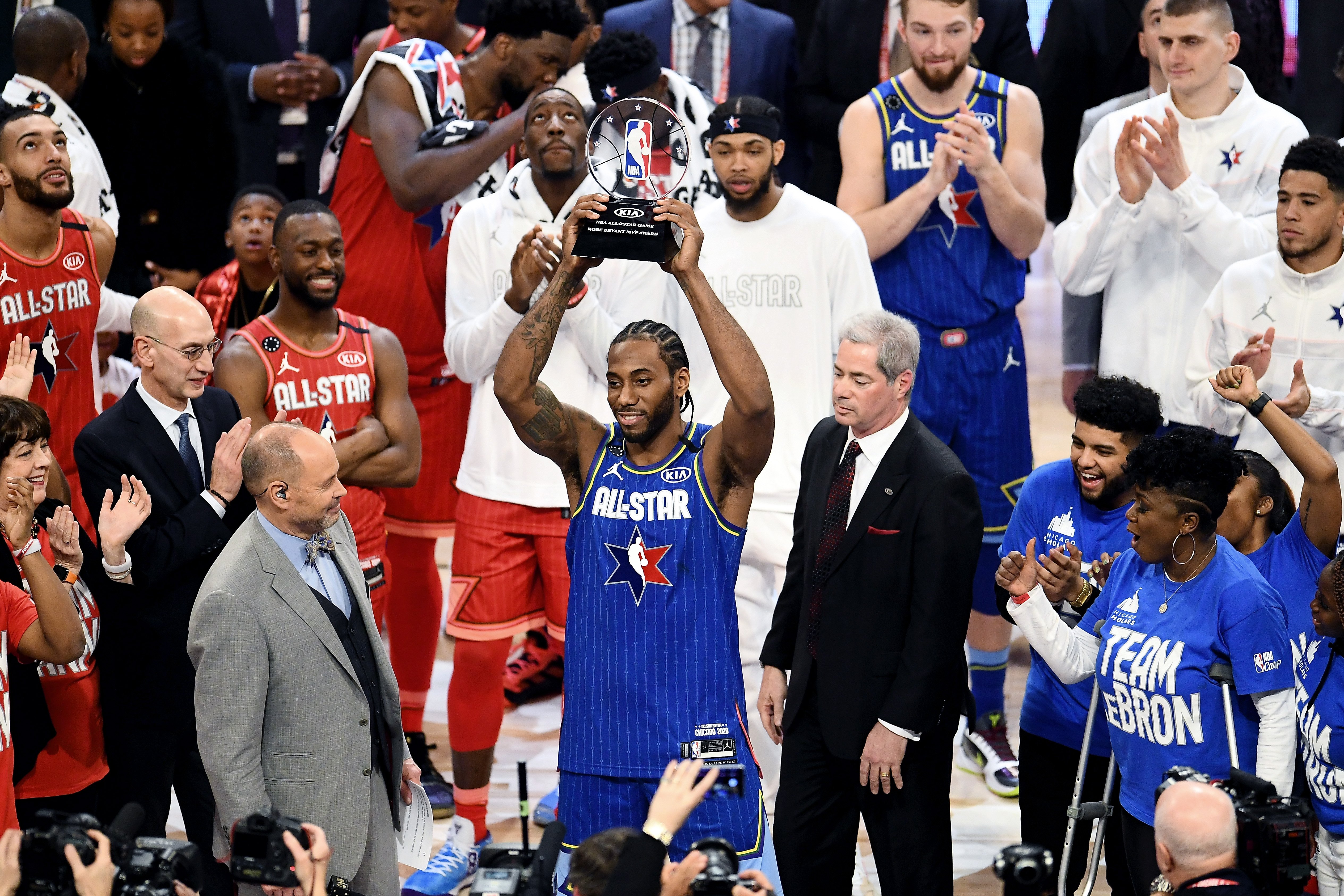 Kawhi Leonard of Team LeBron celebrates with the trophy after being named the Kobe Bryant MVP during the 69th NBA All-Star Game at the United Center on Feb. 16, 2020 in Chicago, Illinois. (Credit: Stacy Revere/Getty Images)