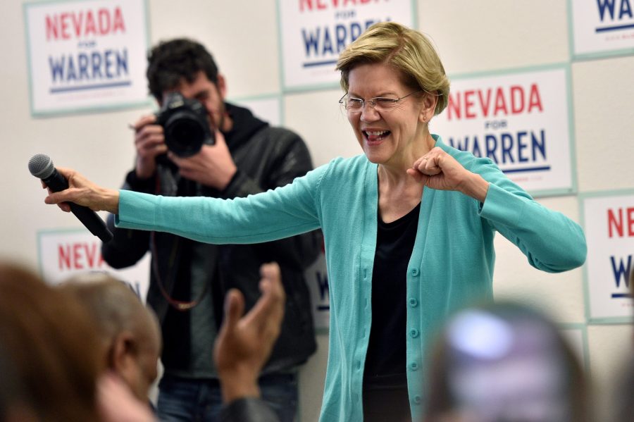 Democratic presidential candidate Sen. Elizabeth Warren speaks at a canvass kickoff event at one of her campaign offices on Feb. 20, 2020, in North Las Vegas, Nevada. (Credit: David Becker/Getty Images)