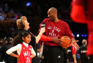 Kobe Bryant warms up with daughter Gianna Bryant during the NBA All-Star Game 2016 at the Air Canada Centre on Feb. 14, 2016 in Toronto, Ontario. (Credit: Elsa/Getty Images)